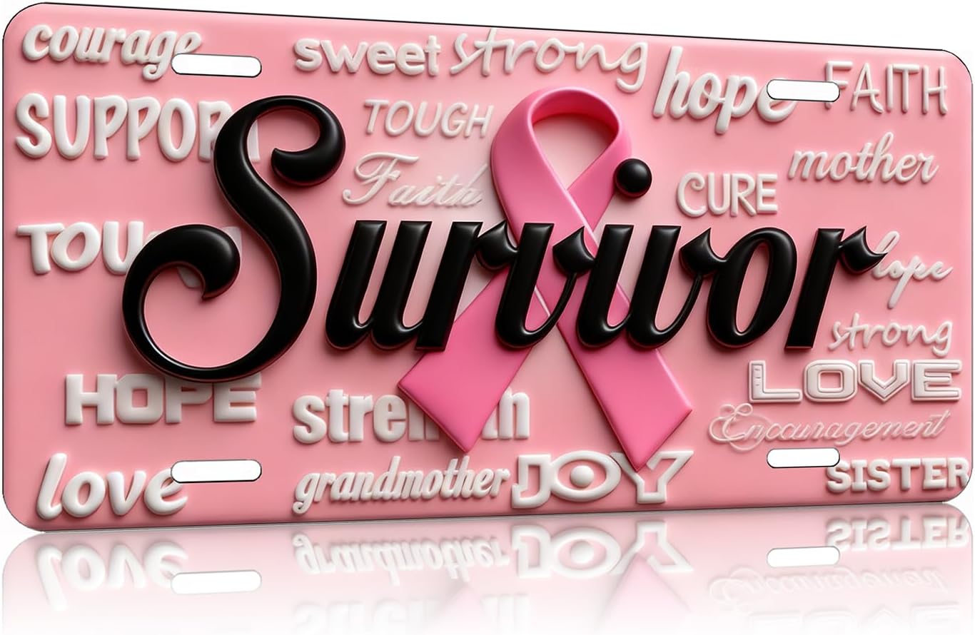 Pink Ribbon Survivor Metal License Plate - Breast Cancer Awareness Decorative Car Tag - Hope & Support Novelty License Plate for Auto, Wall Decor, 6x12 Inch (4 Holes)