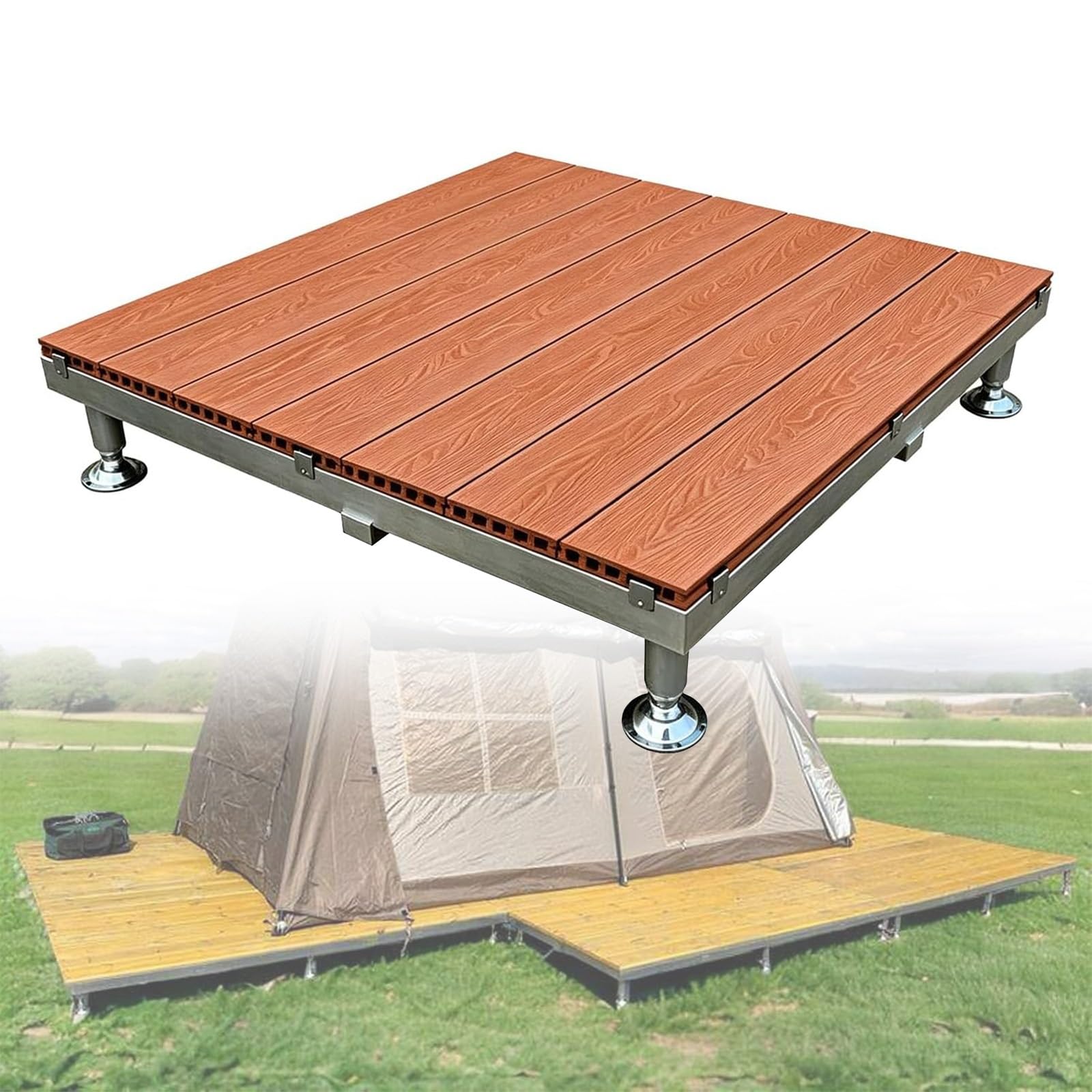 Piastrelle Per Terrazze WPC 84x84cm Piattaforma Rialzata Esterno Modulare | Con Telaio Metallico E Piedini Regolabili, Giardino Pavimentazione,Ad Incastro, Impermeabile Mattonelle(Brown)