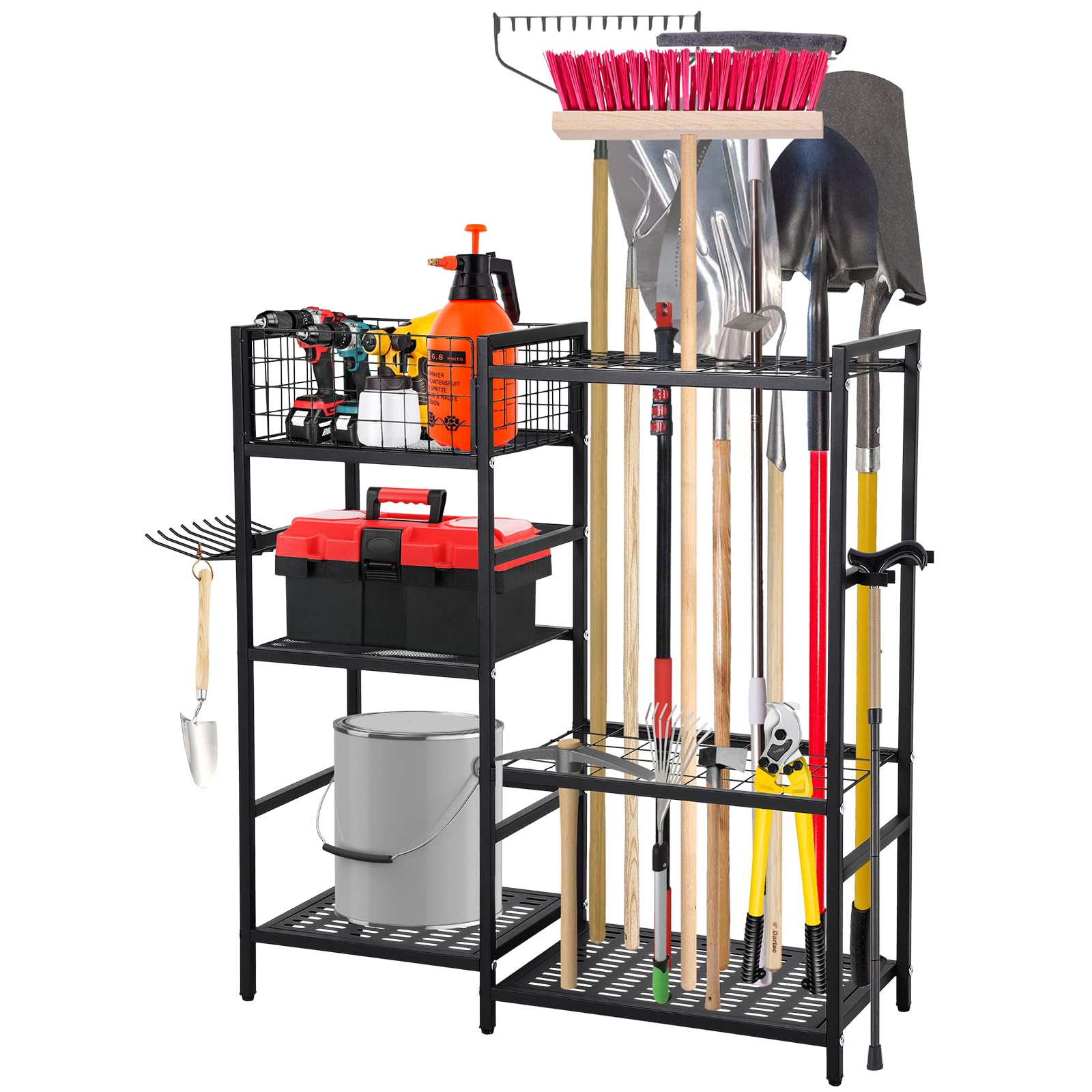 GarveeMore Heavy Duty 3-Tier Steel Garage Tool Storage Rack – 6 Shelves, 35 Long-Handled Tool Slots, Adjustable Hooks, Removable Basket – Freestanding Rust-Resistant Organizer for Workshop, Basement,