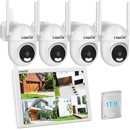 PTZ Kit Camera Surveillance Exterieure avec 10'' Moniteur, 5MP 10CH WiFi NVR, 4 Pcs 360° PTZCaméra avec Enregistrement 24/7, Vision Nocturne Couleur, Suivi Automatique, Détection Humaine, 1TB