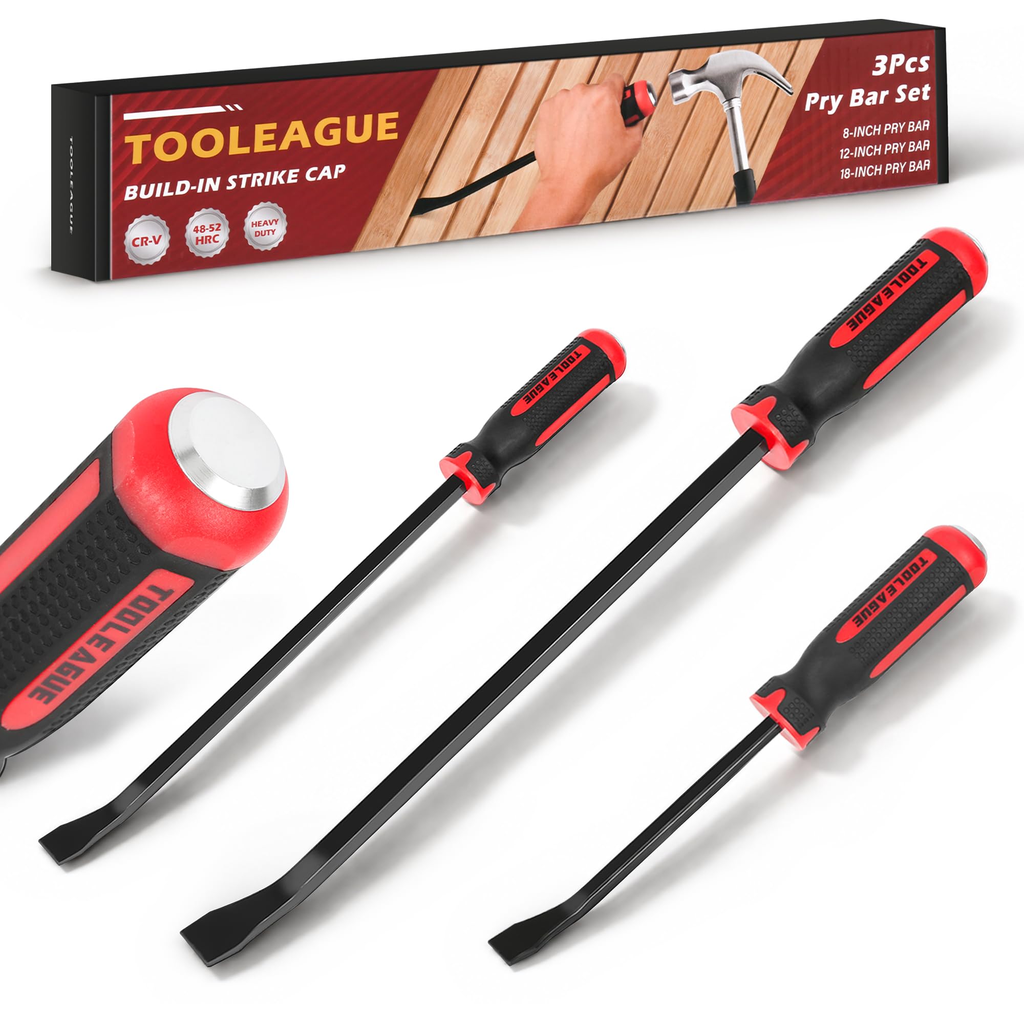 TOOLEAGUE Utility 3Pcs Pry Bar Set with Strike Cap Handle,8",12",18"