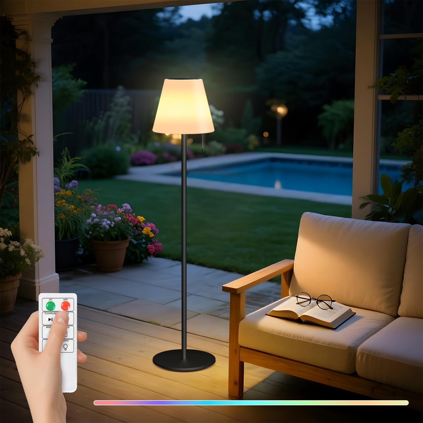 MALUX Lámpara de pie solar, lámpara de pie inalámbrica con sensor de luz, IP44, resistente al agua, altura regulable de 147 cm, lámpara de pie solar para exterior, lámpara de pie para decoración