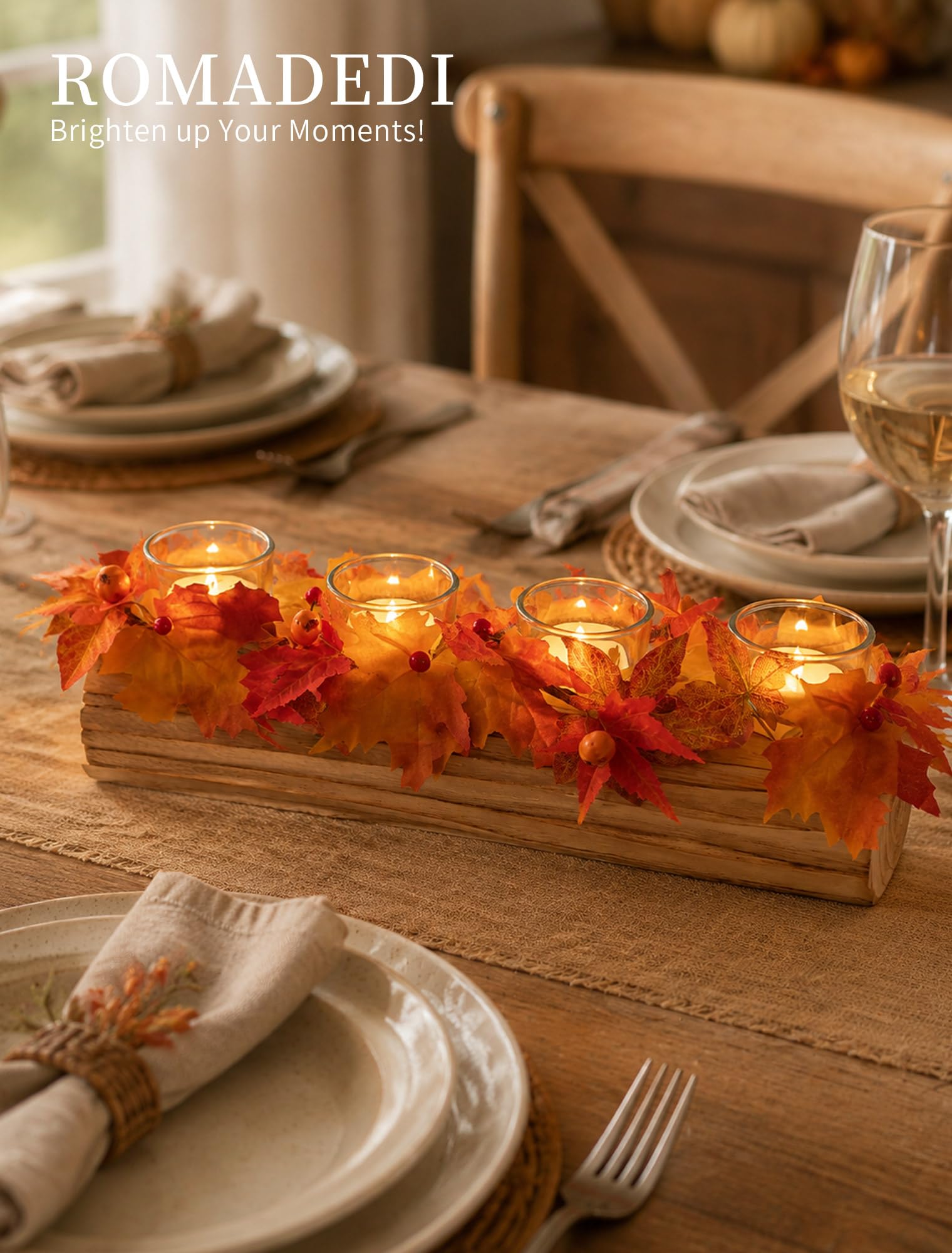 Romadedi Kerzenständer Holz, 40cm Herbstdeko mit 4 Teelichtgläser & Kranz | Rustikaler Holzblock in Baumstamm-Optik, ideal als Herbst Tischdekoration für Wohnzimmer und Fensterbank, Küche