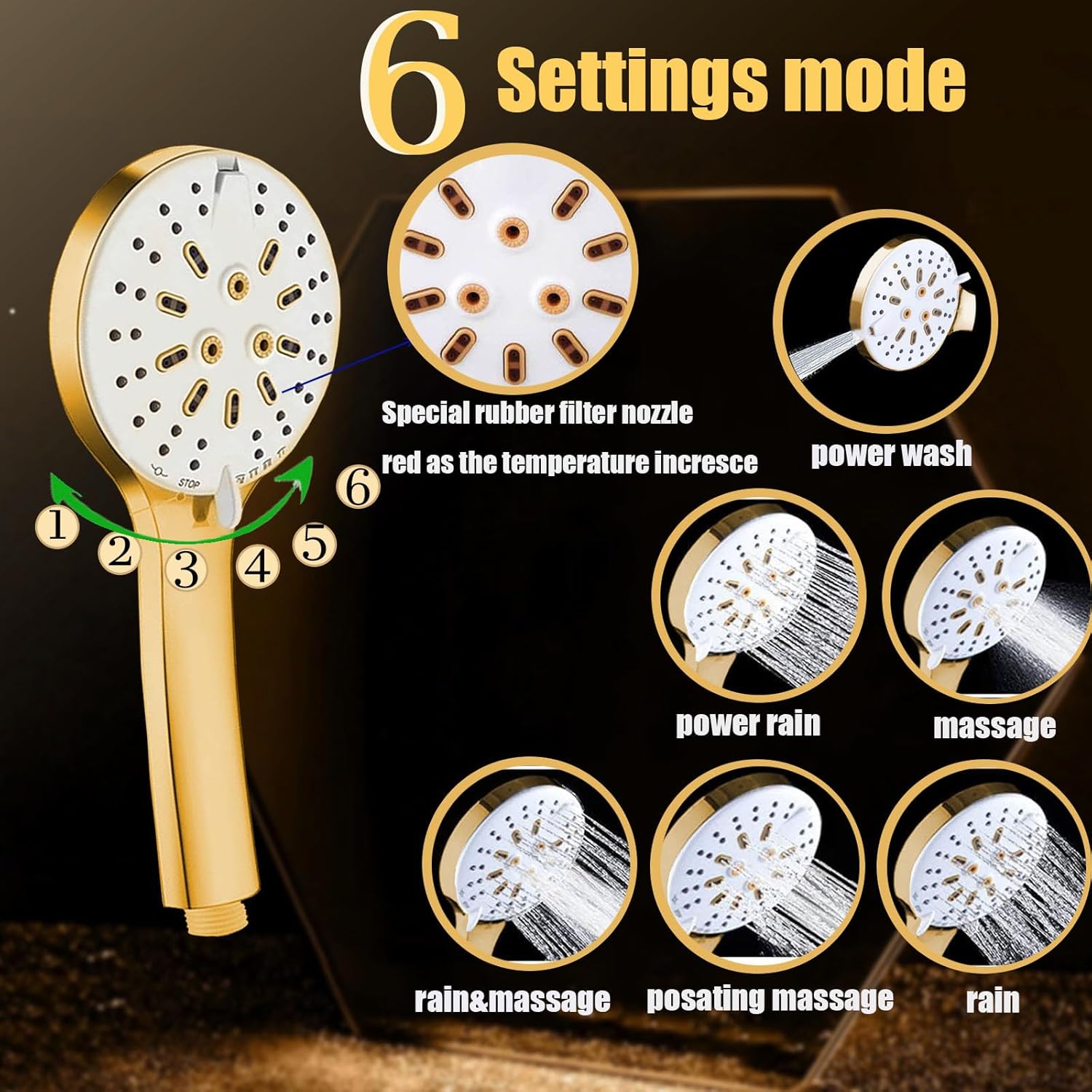 Shower Head, 8" High Pressure Rain shower head with Handheld Spray Combo, 6 Settings Handheld with 78" Anti-leak Hose, 11" Adjustable Extension Arm, Ultra Thin Water Saving, Gold, AWAXFOLO