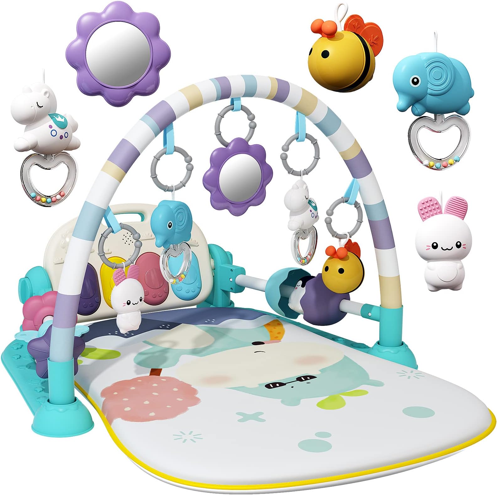 Baby Gym with Musical Piano,Baby Play Mat Tummy Time Babys Activity Gym Mat with 5 Infant Learning Sensory for Toddler, Music and Lights Boy or Girl for Newborn (Green)