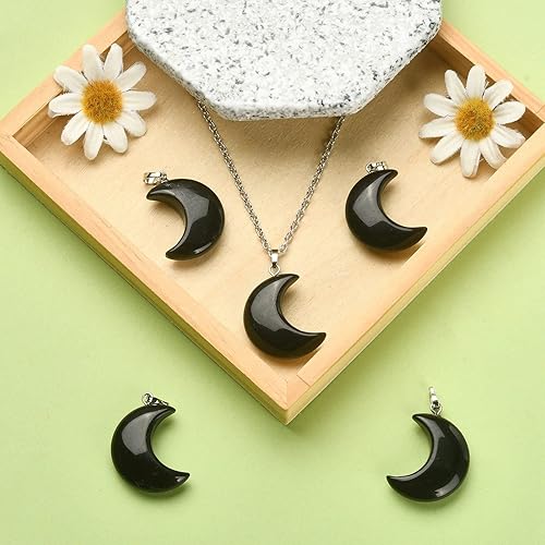 Miniatura 7 de Ipotkitt 5 colgantes de gemas de obsidiana de luna creciente con lazos de latón platino, adornos curativos para hacer joyas, accesorios  29 x 18