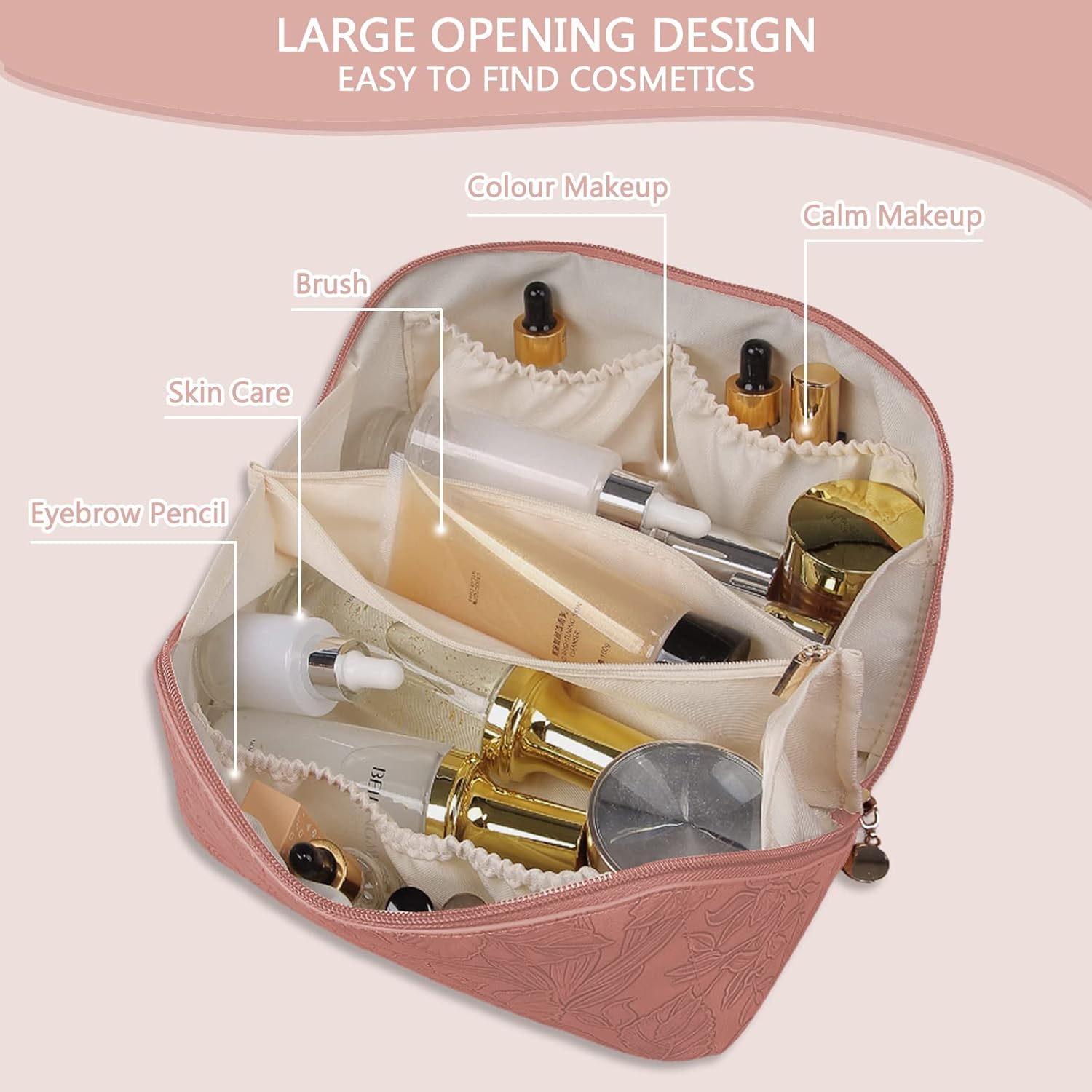 Makeup Bag Travel Cosmetic Bag with Compartment Large Capacity Water resistant PU Leather Portable Floral Makeup Bag Suit for Women Girl Valentines Day Gifts Pink Makeup Bag