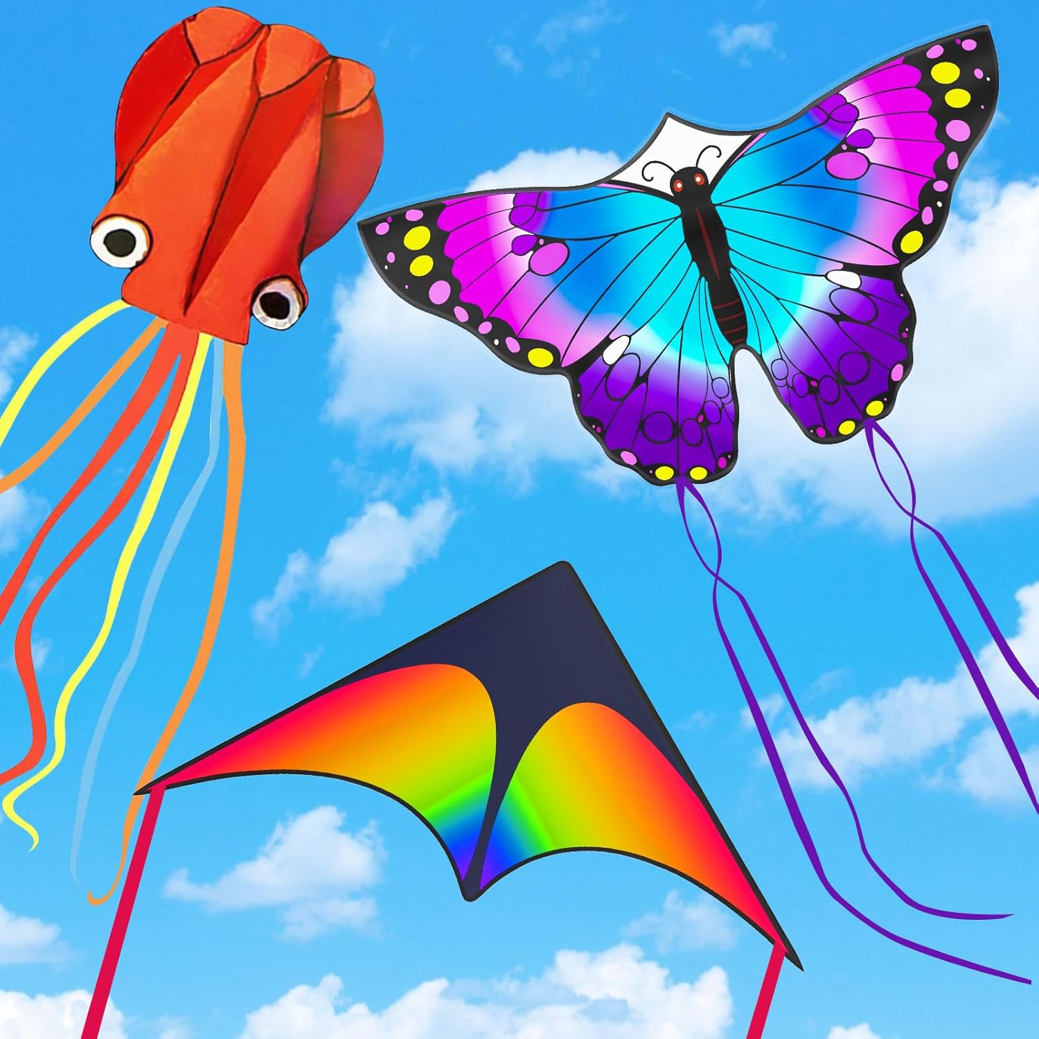 3 Pack Kites, Gifts for Easter, Kite for Kids 4-8 8-12, Puple Butterfly, Colorful Delta and Red Octopus with String Kite for Kids Girls Boys