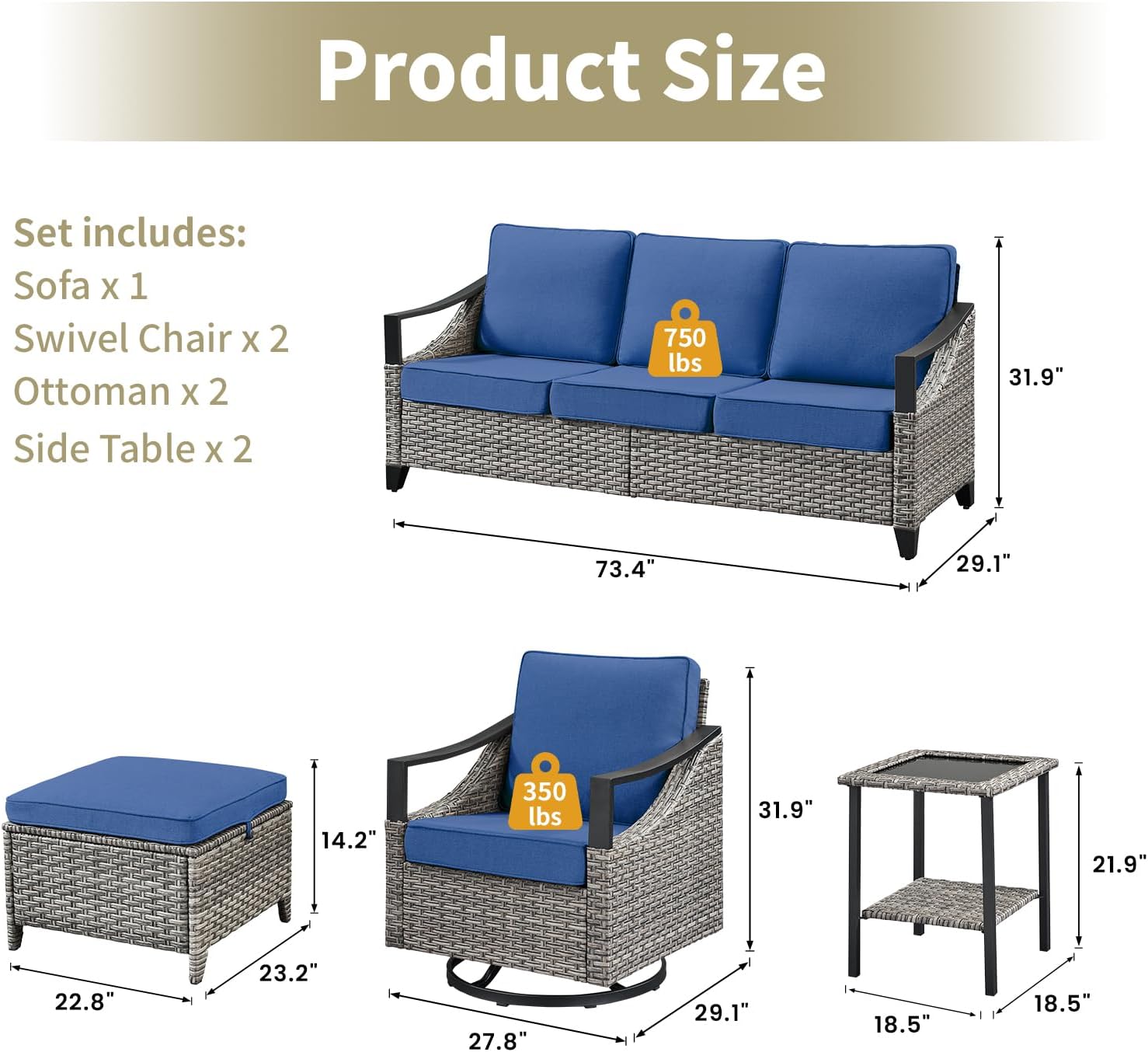 7 Pieces Patio Furniture Sets - High Back Outdoor Sectional Couch with Wicker Swivel Rocker Chairs, Rattan Ottomans with Side Table, Patio Conversation Set for Deck Garden Porch Balcony Gray/Blue