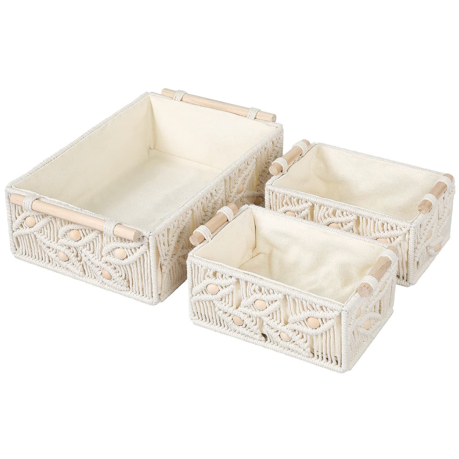 ANMINY Makramee-Aufbewahrungskörbe-Set, handgefertigt, Baumwolle, gewebt, dekorative Boho-Schreibtisch-Aufbewahrungsboxen mit Holzgriffen, Holzperlen, Kinderzimmer, Baby, Organizer, Behälter