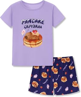 Beezizac Girls Pajamas Neon Tie Dye Spiral Capybara Smiling Face Print T-shirt & Shorts 2-Piece Soft PJ Set Size 6-18