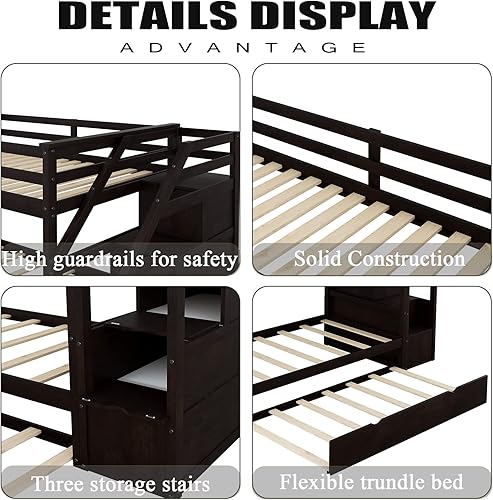 Miniatura 23 de Harper & Bright Designs Litera individual sobre cama individual con nido, marco de cama de madera para niños con escaleras y barandilla de gran