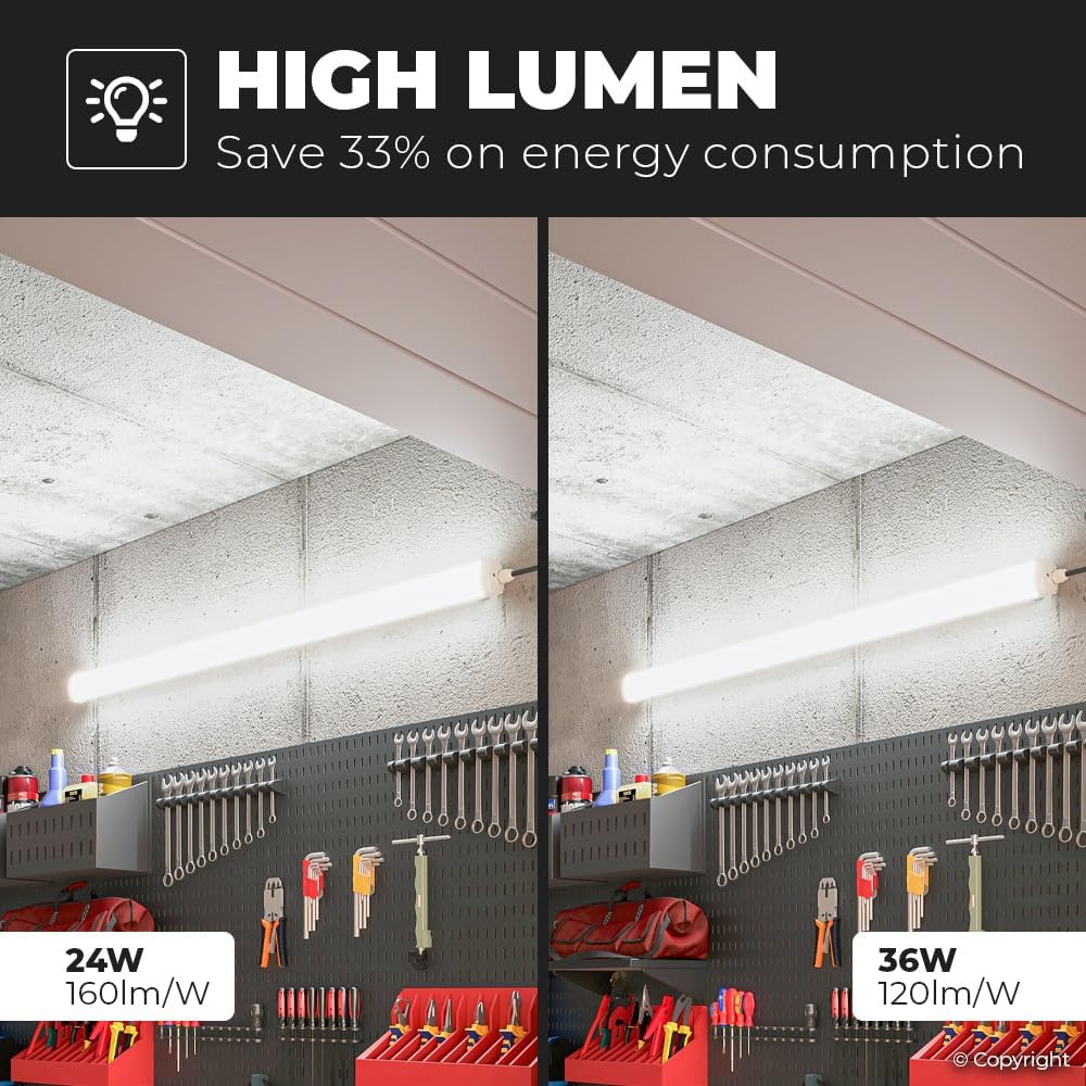 HOFTRONIC LED wet room light installed in a garage workshop, illuminating a workbench with tools.