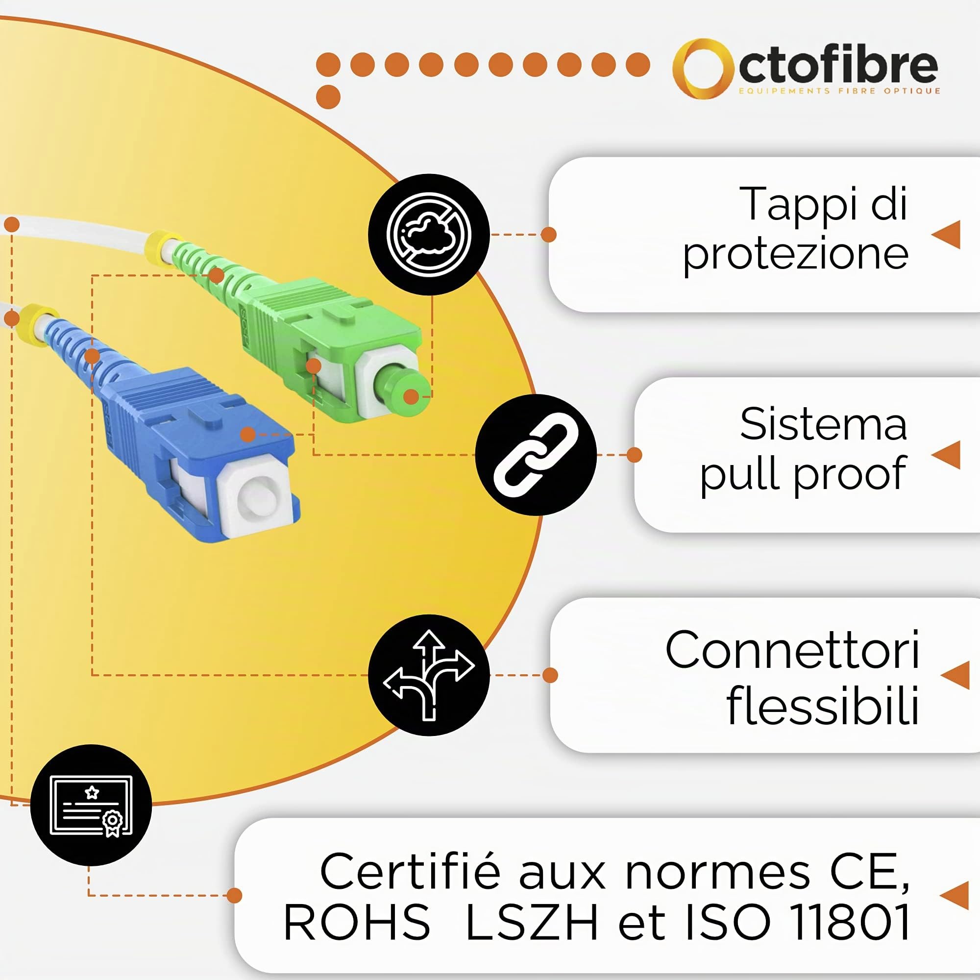 Cavo in fibra ottica Freebox - 50 m - Rinforzato con schermatura Kevlar - Prolunga/giarrettiere in fibra ottica - SC APC a SC UPC - Garanzia 10 anni