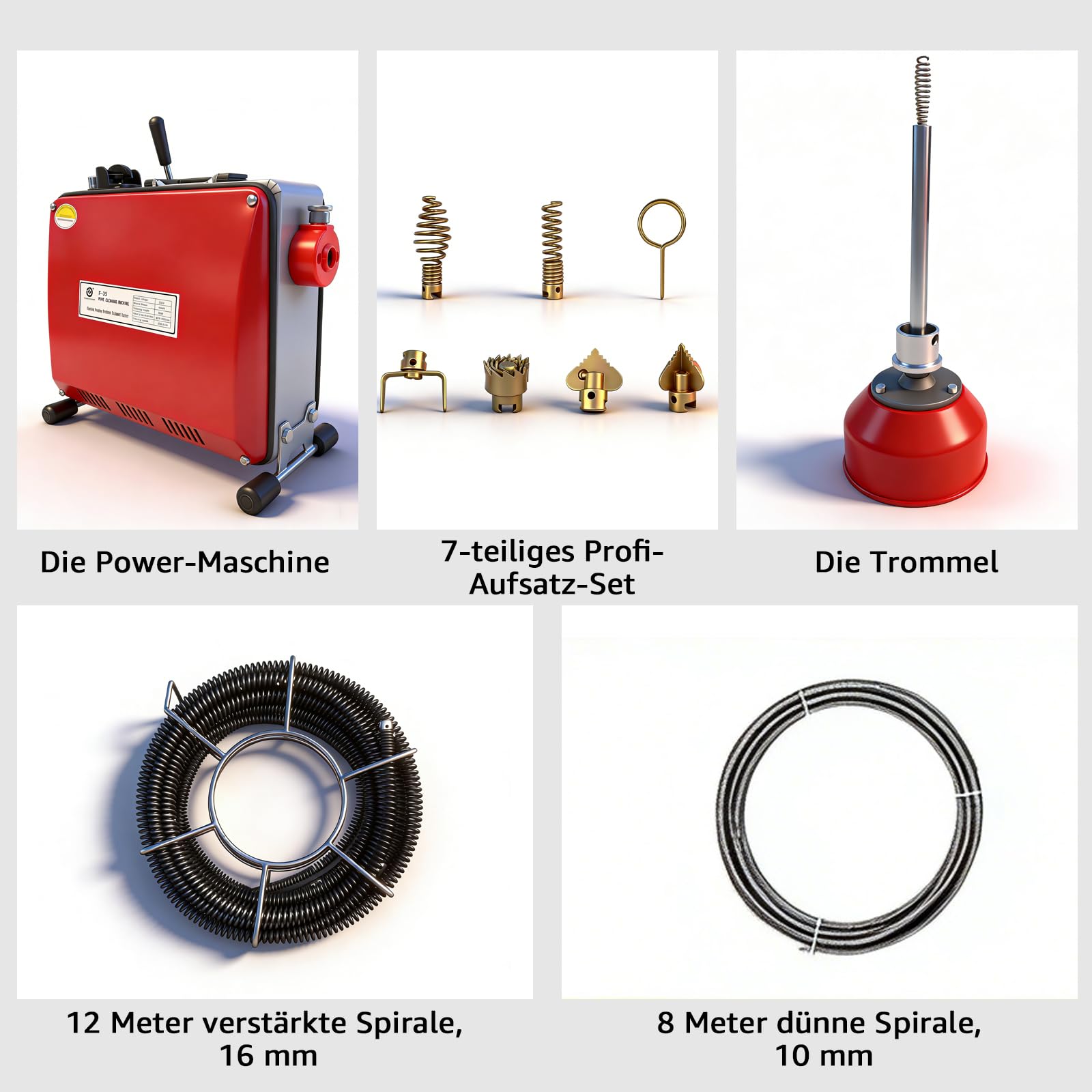 Elektrische Abflussspirale 550W Rohrreinigungsmaschine | 28m Abflussspirale & 7 Bohrköpfe, 400 U/min, Ø16/10mm für Ø20-200mm Rohre | Effektiver Rohrreiniger für Küche, Bad & WC