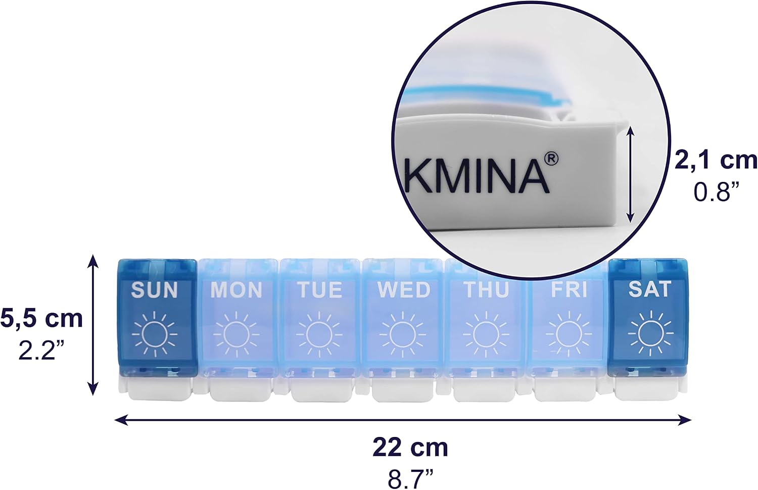 KMINA - Weekly Pill Organizer 3 Times a Day, Pill Box 7 Day 3 Times a Day, Pill Organizer Weekly, Medicine Organizer Box, Extra Large Pill Organizer, Vitamin Organizer Container - Made in Europe