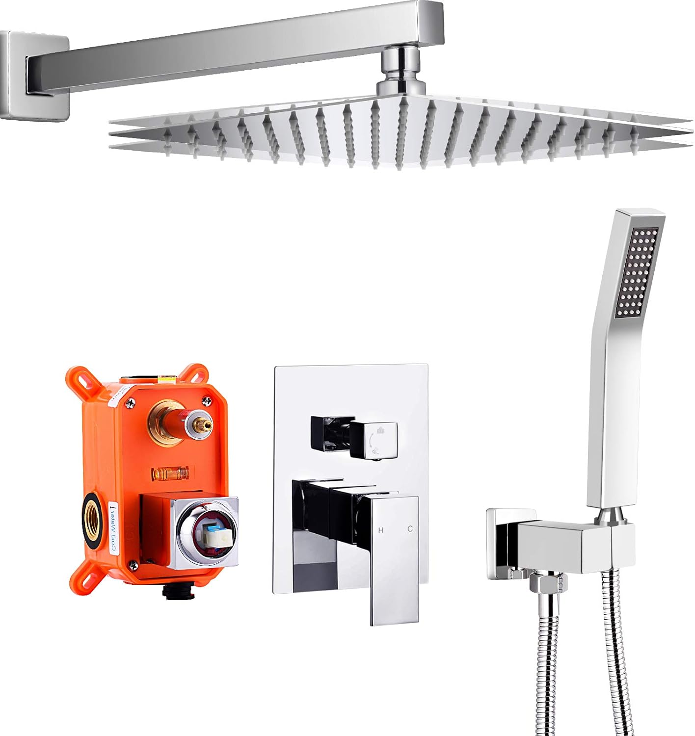 Qomolangma 10” Wall Mounted Shower System with Pressure Balance Valve for Bathroom, Polished Chrome Rain Shower Head and Handheld Shower Faucet Rough-in Mixer Valve and Trim Included.