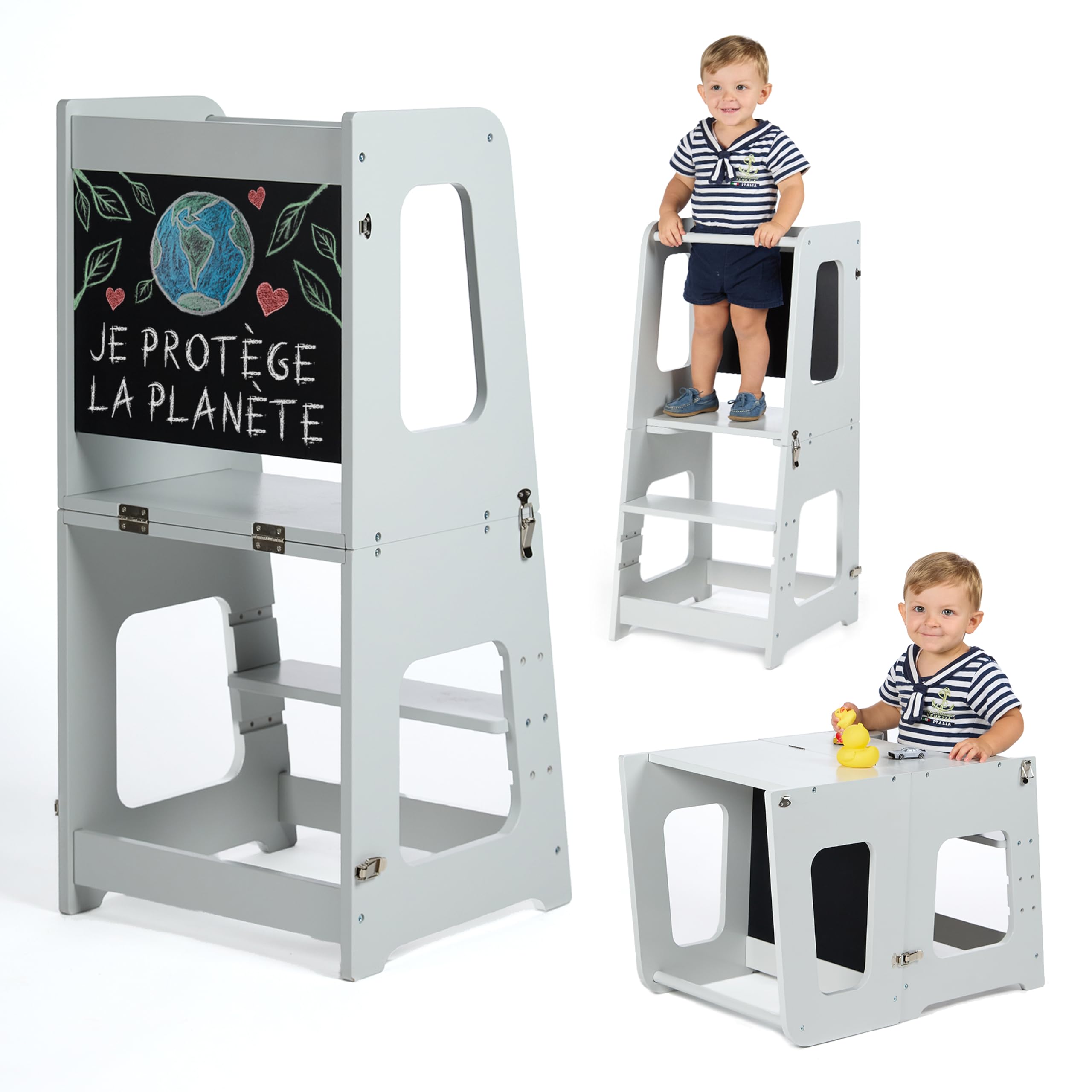 Tour d Observation Enfant en Bois Convertible en Bureau et Tabouret - Tour d'Observation Montessori avec Design Breveté, Fermetures de Sécurité, Finitions Haut de Gamme, Fonction 2-en-1 (Gris)