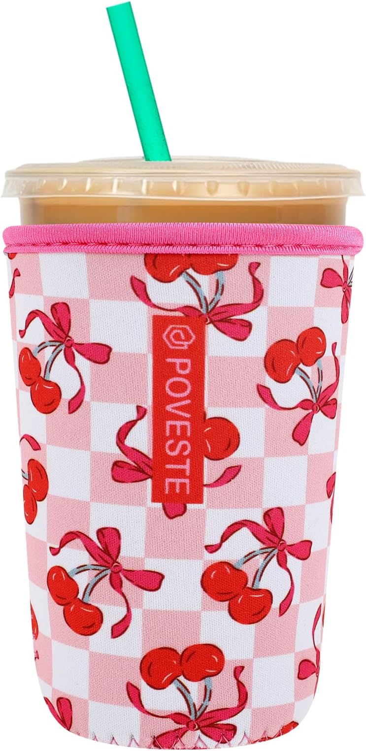 Reusable Neoprene Insulator Sleeve for Iced Coffee & Cold Soda, Coffee Sleeves for Iced & Hot Drinks, Cold Beverage Cooler Compatible with Starbucks, Dunkin (Bow&Cherry, Medium: 22-24oz)
