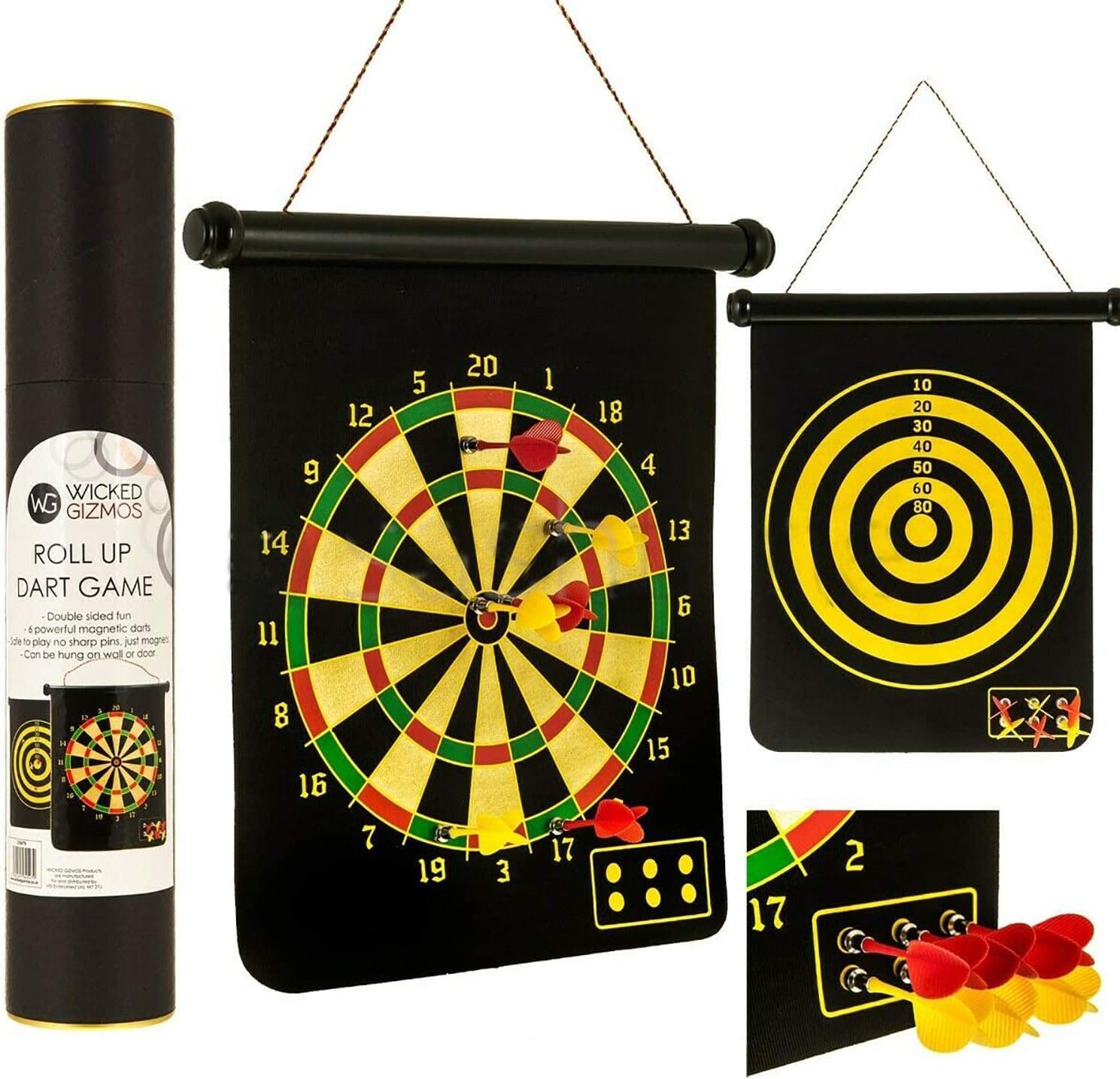 Premium Magnet Roll up Dartboard – Strong Double sided 6 Magnet Darts Magnet Dartboard – Simple Reversible Safe Game Party Set Gift Boxed – Easy to set up