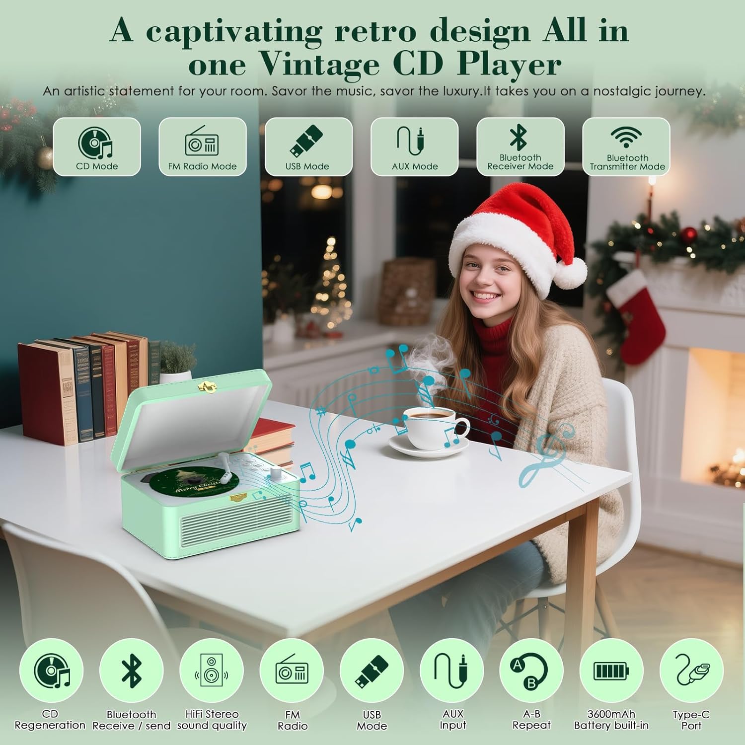 Retro CD Player Portable Bluetooth: Kegaudio CD Players for Home with Speakers 3600mAh Rechargeable & Radio & Remote Control PU Leather Vintage CD-Player Support USB/AUX Headphone Jack (Green)