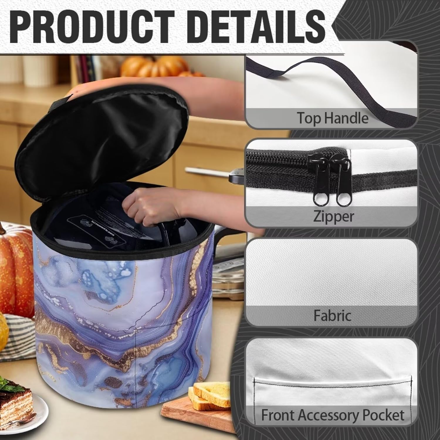 Purple Marble Electric Pressure Cooker Insulation Handbag Zipper Closure Electric Pressure Cooker Bag Help Prevent from Dust