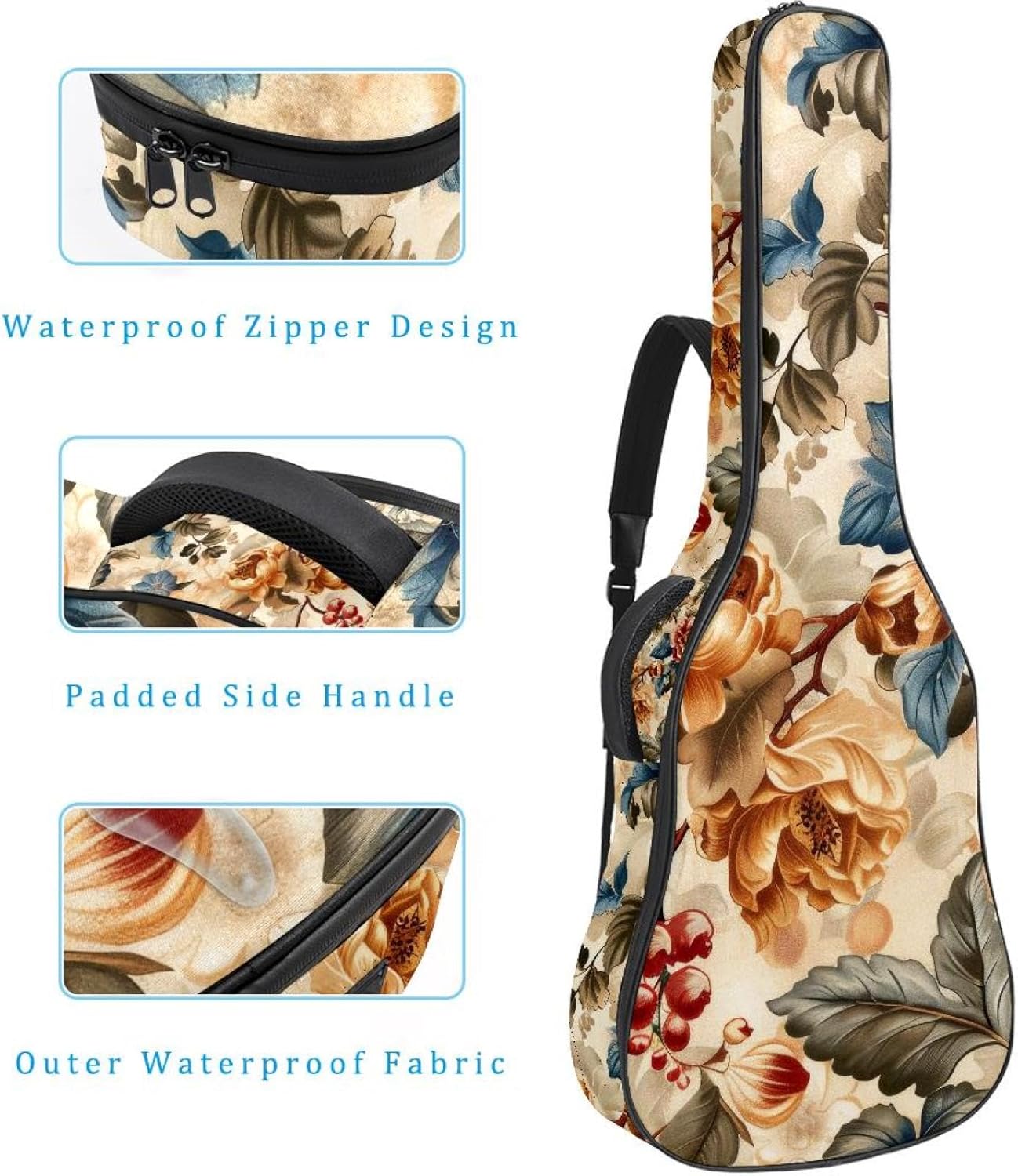 40 41 42 Inch Acoustic Guitar Bag, 0.4 In Thick Sponge Padded Guitar Case Gig Bag with Back Hanger Loop and 2 Pockets, Vintage Beautiful Flowers Seamless Pattern