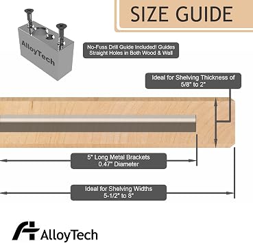 Floating Shelf Hidden Bracket 5 (4 PCS) - Hidden Supports for Wooden Floating Shelves - Drywall Mount or Stud Mount with Included Drill Guide and Steel Hardware