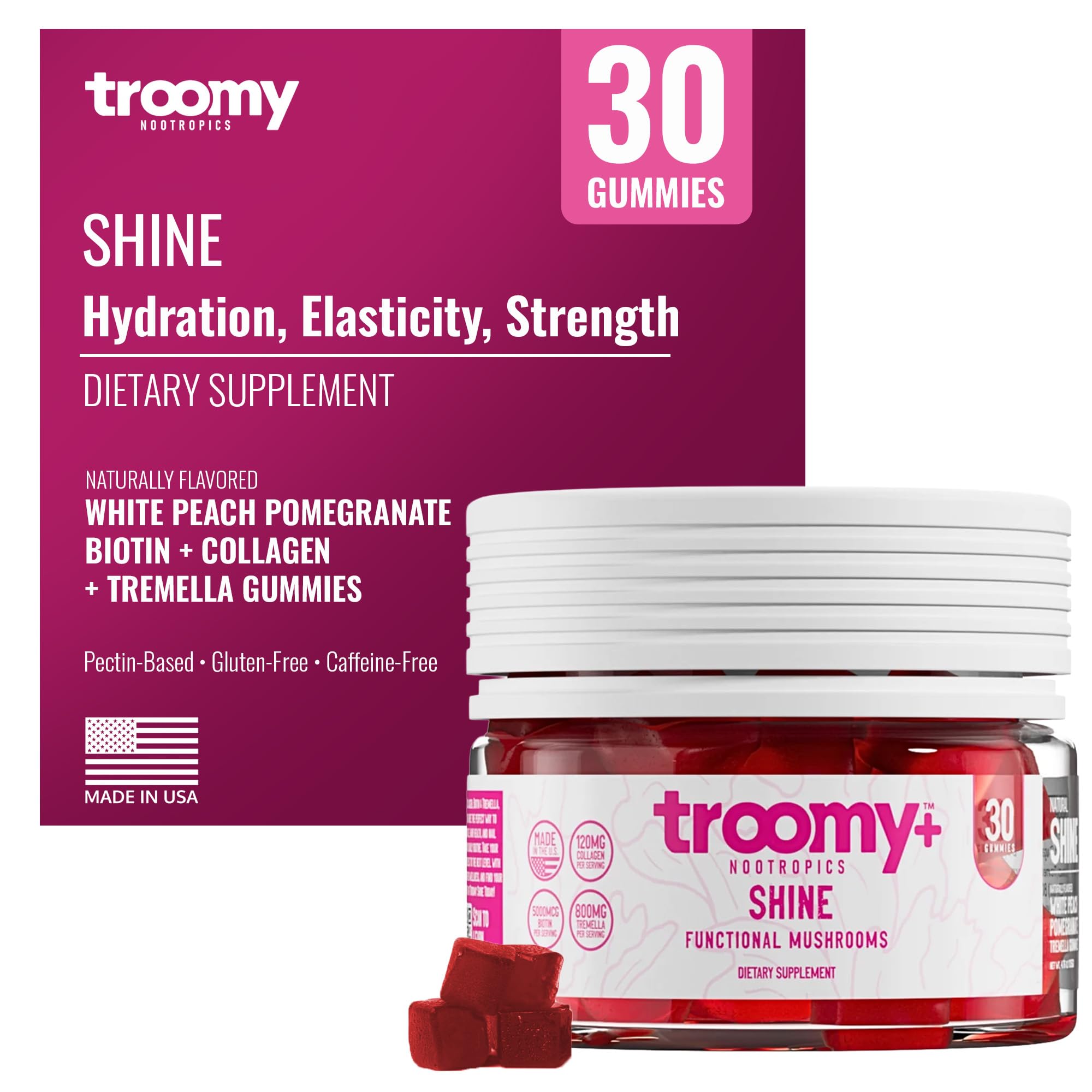 Troomy Nootropics Gomas de biotina, colágeno e cogumelo tremella 5.000 mcg, 30 gomas