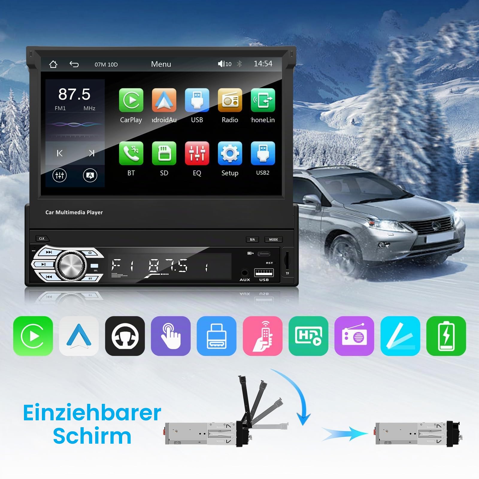 EZoneTronics 7 Zoll Flip Out Autoradio 1din mit Carplay Android Auto Touchscreen Autoradio Bluetooth mit SWC Mirror Link EQ FM/RDS Radio Typ-C USB AUX TF-Karte Rückfahrkamera