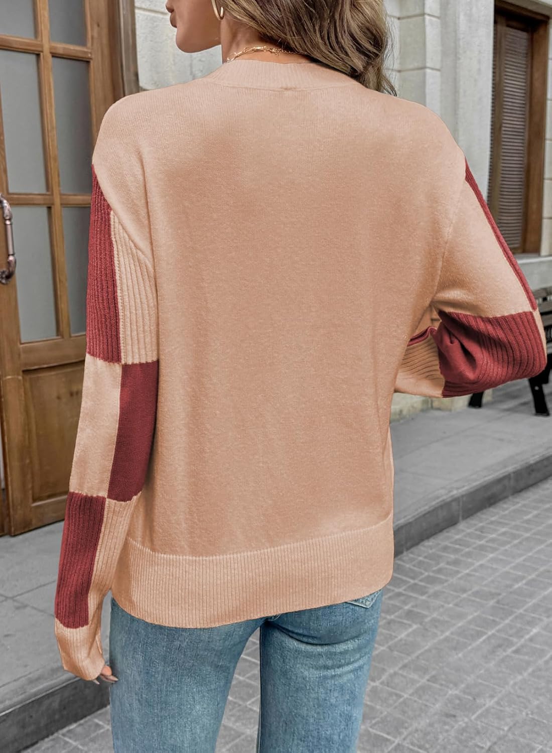 EVALESS Sweaters for Women Crewneck Long Sleeve Color Block Casual Knit Tops 2025 Fall Fashion Checkered Pullover Sweater - Image 4