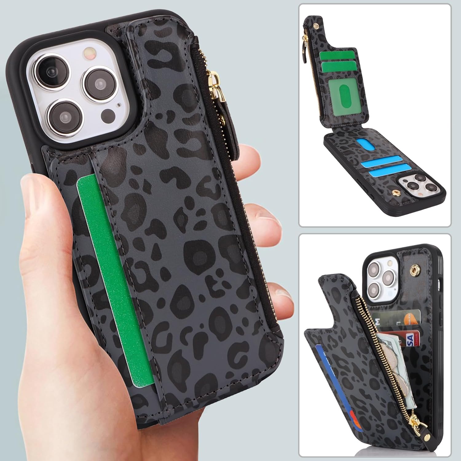 Cavor for iPhone 14 Pro Max Case with Card Holder,for iPhone 14 Pro Max Wallet Case for Women Men,Leather Zipper Pocket Protective Phone Cover-Leopard Black - Image 3