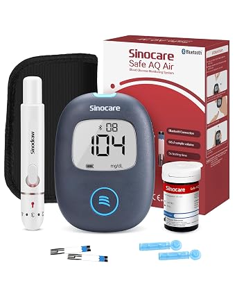 Sinocare Safe AQ Air Blood Glucose Monitor Simple and Great Blood Glucose Test Kit with Bluetooth and App 25 Test Strips and Lancets in mg/dl