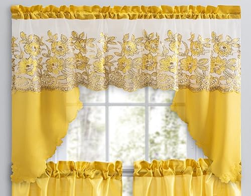 Miniatura 10 de American Linen Juego de cortinas bordadas de 3 piezas para ventana, cenefa y niveles, con bordados para cocina, sala de estar o baño, cenefas (rojo)