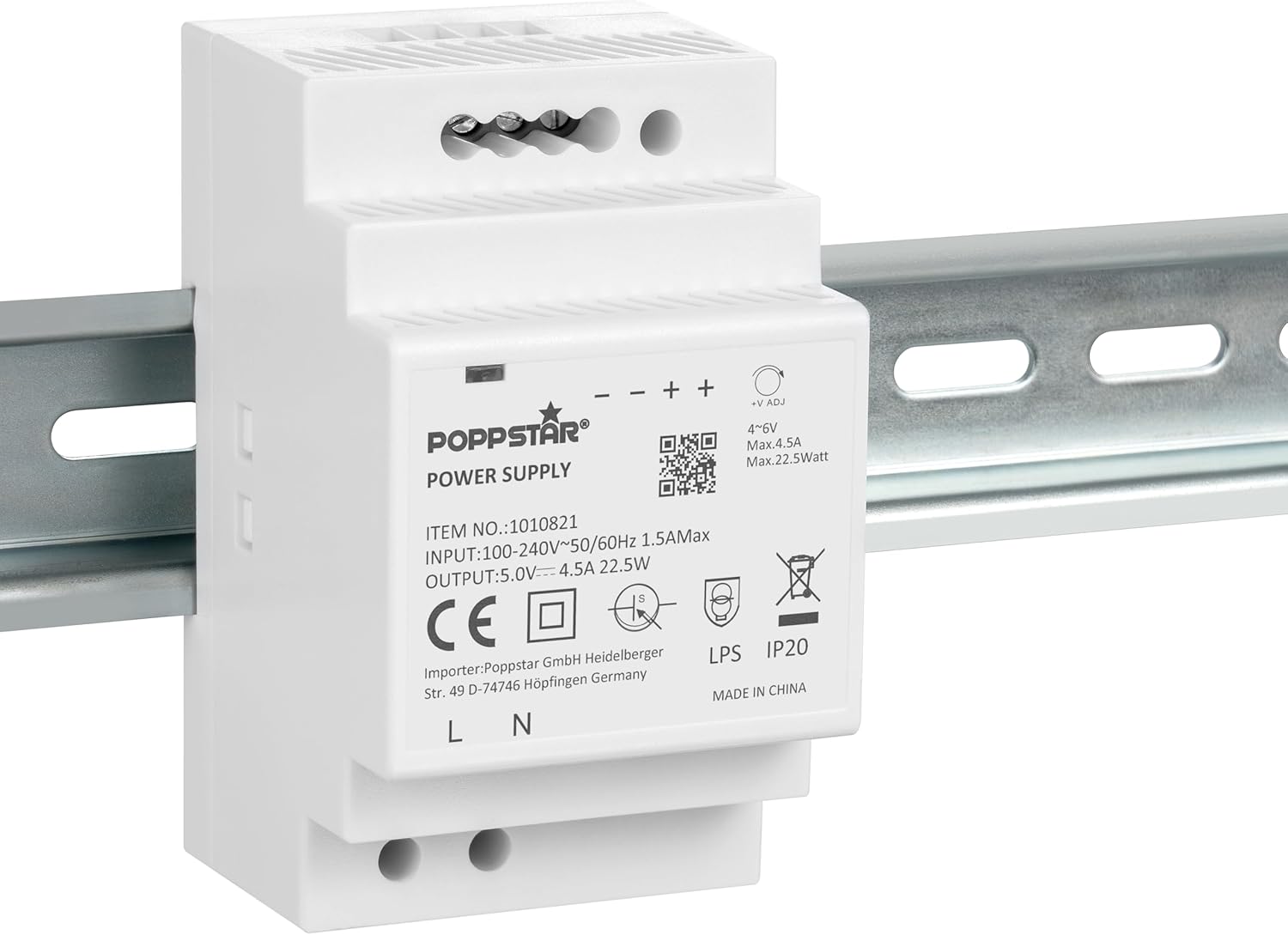 Poppstar DIN Rail Power Supply mounted on a DIN rail
