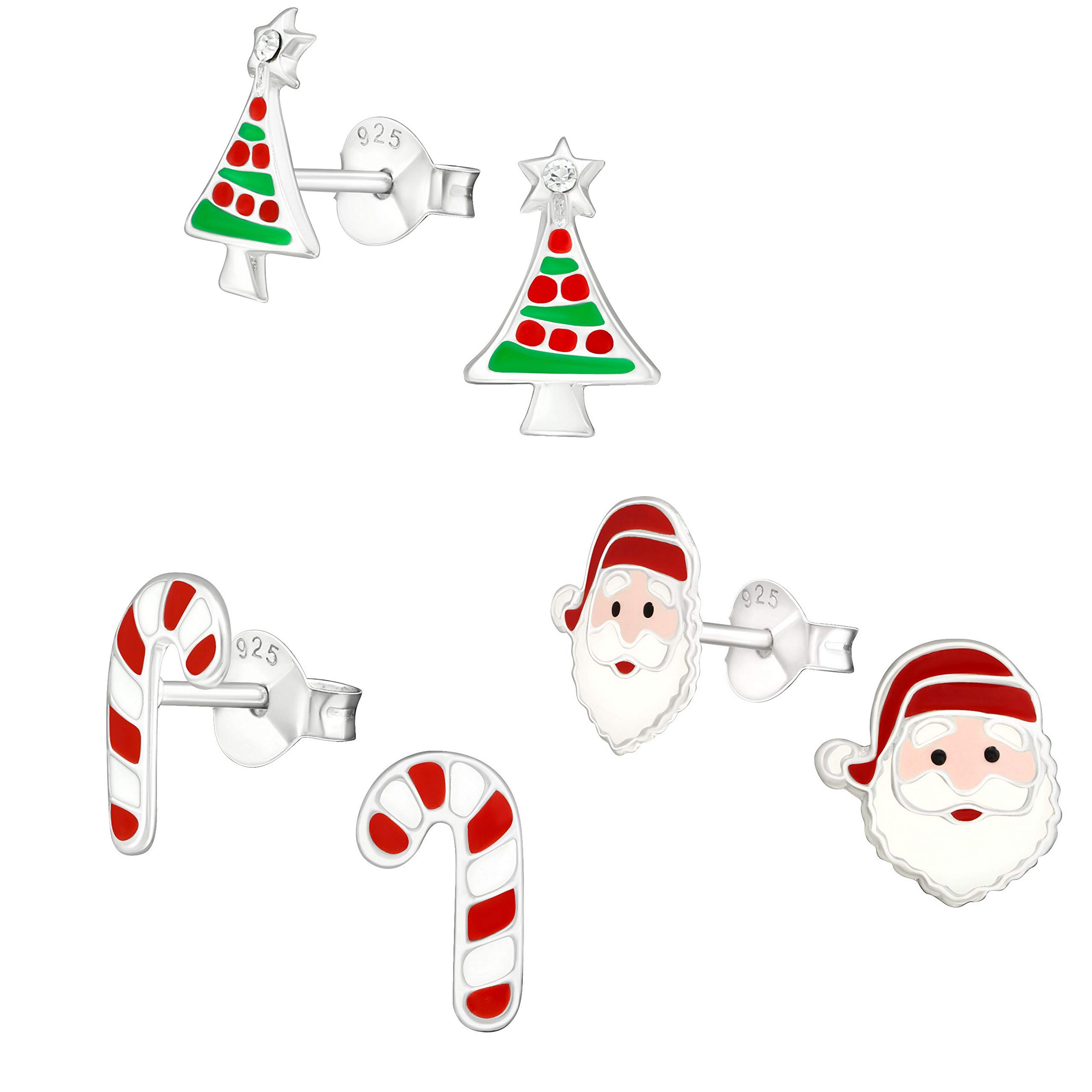 925 Sterling Silver (SET OF 3) Crystals Christmas Tree Santa Claus Candy cane Stud Earrings 28468