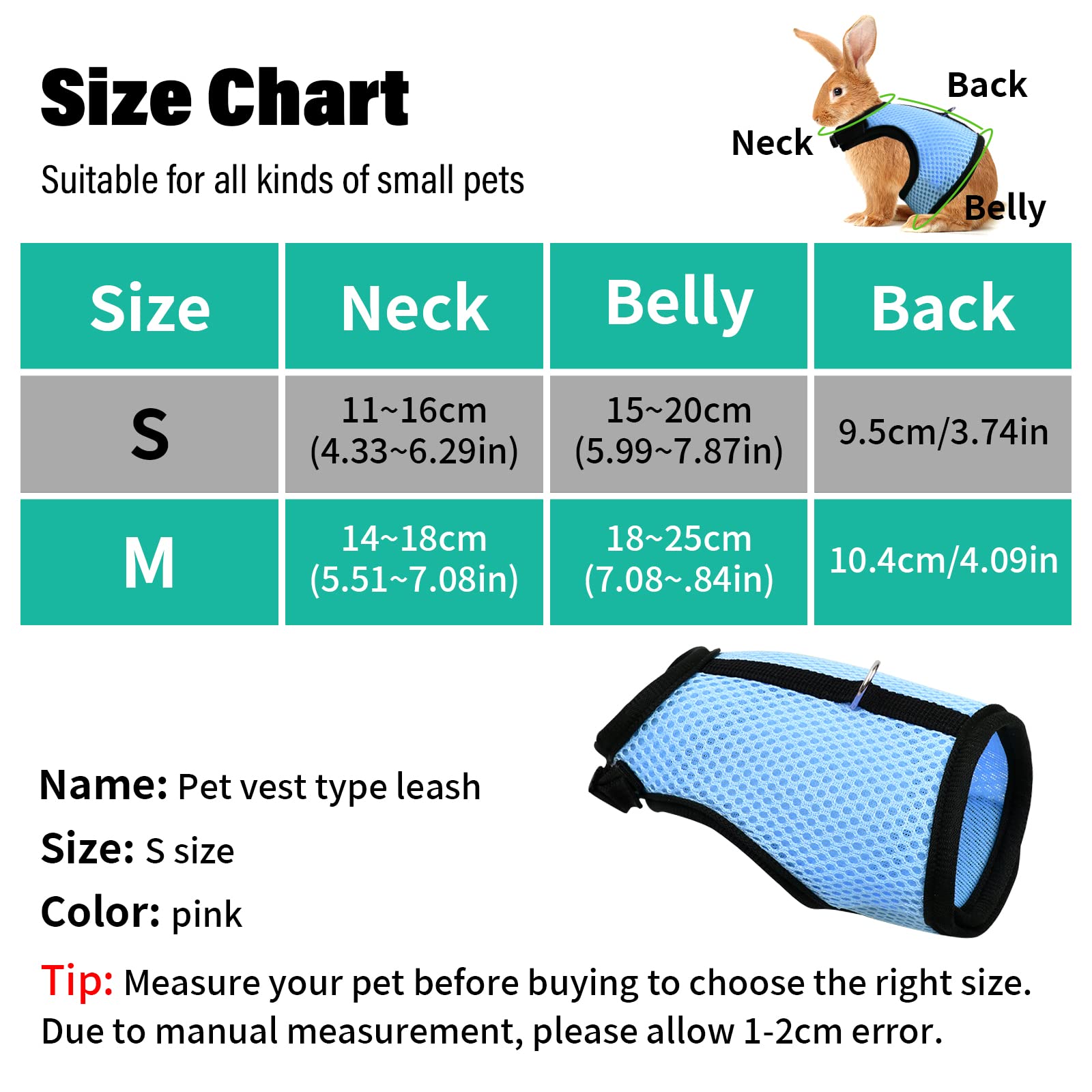 Harnais Lapin Réglable, Laisse Élastique Gilet Souple avec Corde de Traction pour Lapins et Cochons d'Inde (Bleu, S)