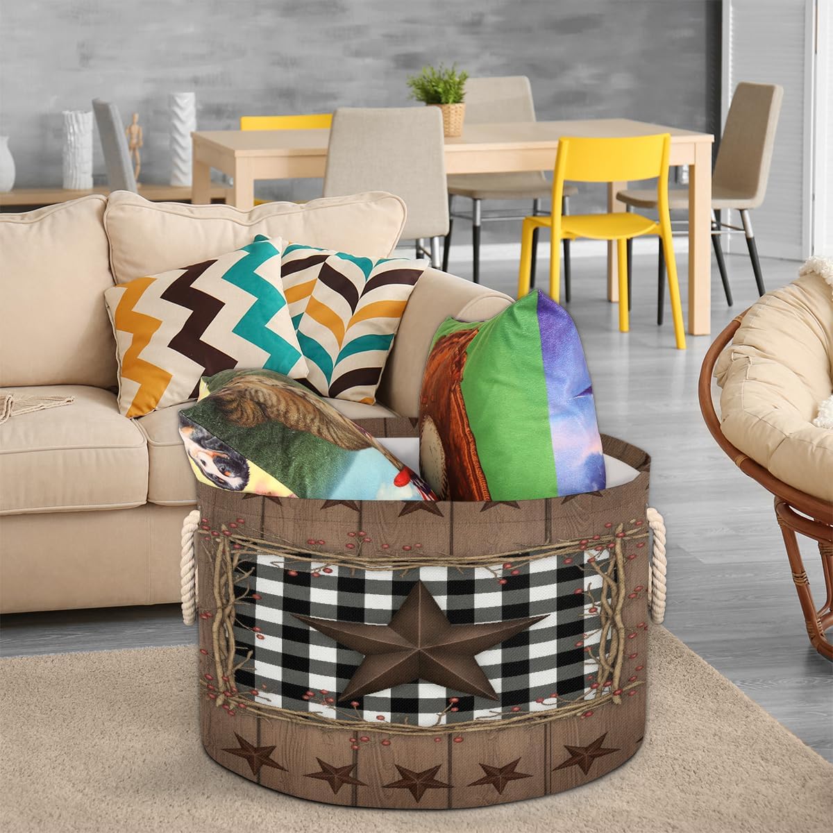 Large Storage Baskets - Rustic Star Plaid Nursery Round Collapsible Organizer Bin Box, Laundry Hamper for Kids Toys, Blanket, Bedroom Living Room Home Decor, Gift Basket, 19.4"x13.3"