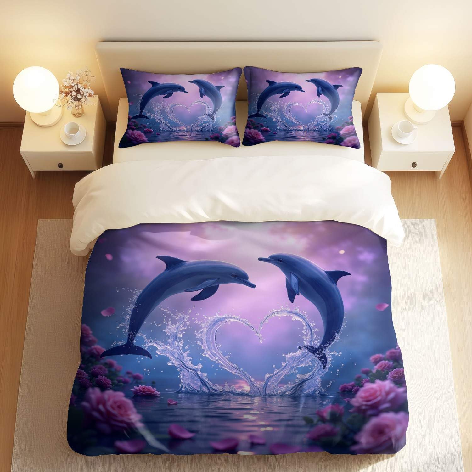 Housse de couette dauphin parure de lit 3 pieces douce respirante ocean simple 50x75