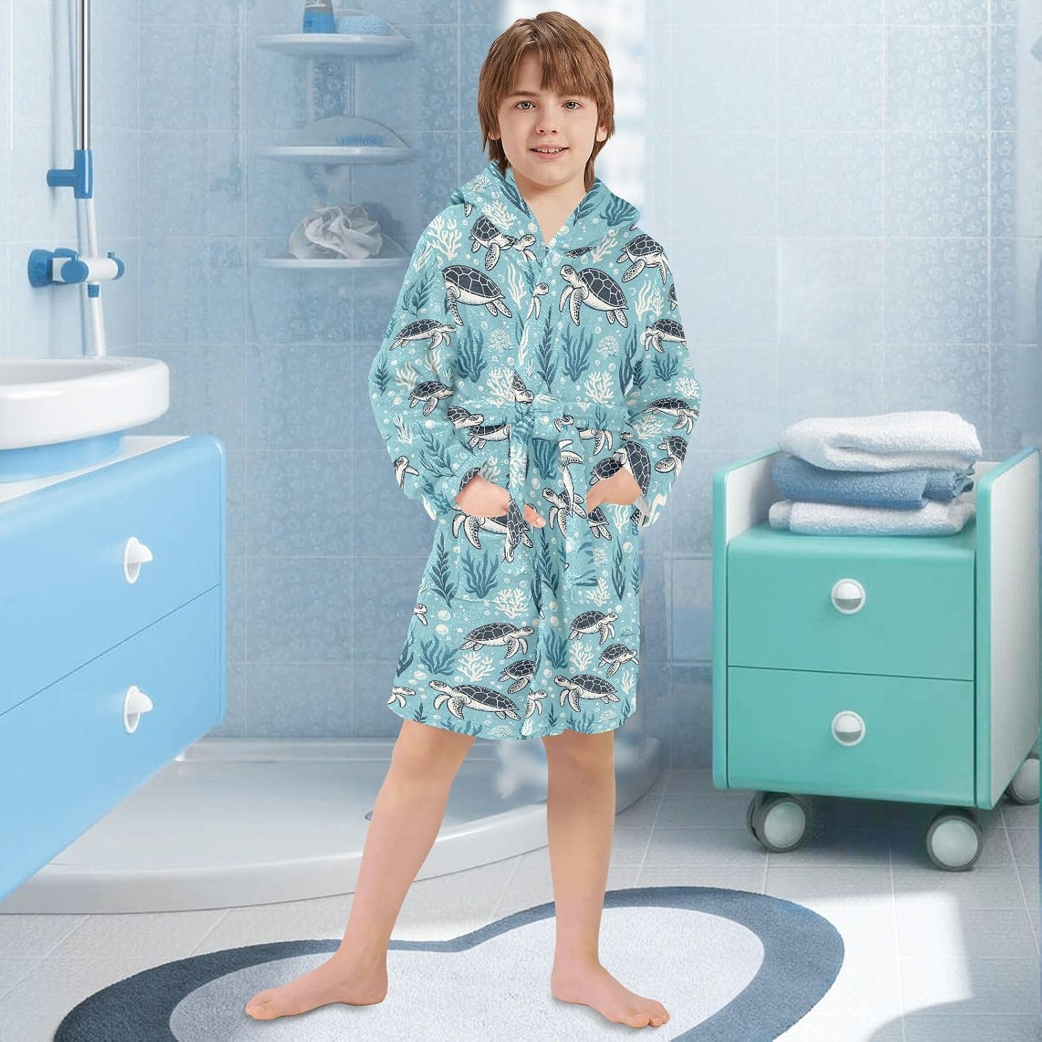 senya Turtle in The Sea Toddler Hooded Bathrobe Kids Soft Plush Bath Towel Robes for Boys Girls 2-12 Years