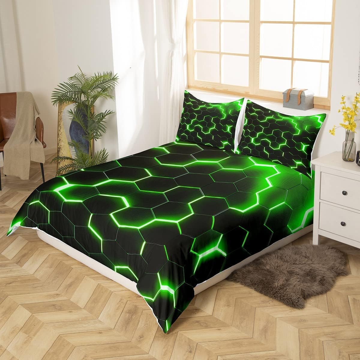 Homewish Geometric Duvet Cover King Size,Teen Boys Green Black Neon Light Honeycomb Bedding Sets - Image 3