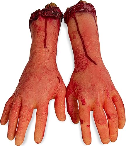 XONOR Brazo humano de plástico para Halloween, manos suaves, piezas de cuerpo muerto sangriento, decoraciones de Halloween, 2 piezas (izquierda y