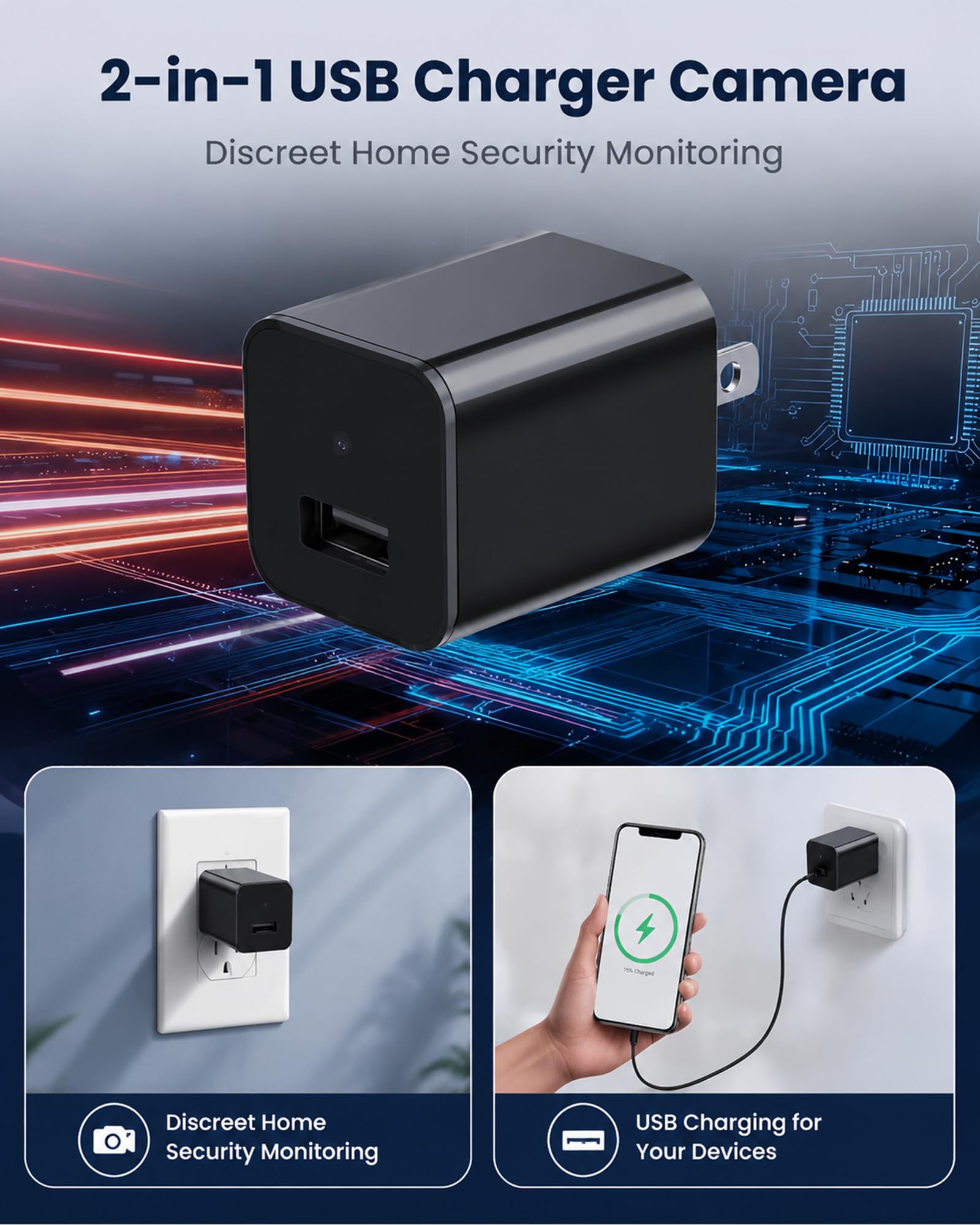Cámara de carga inteligente - Mini cámara inalámbrica HD 1080P WiFi con visión nocturna - Diseño de doble puerto