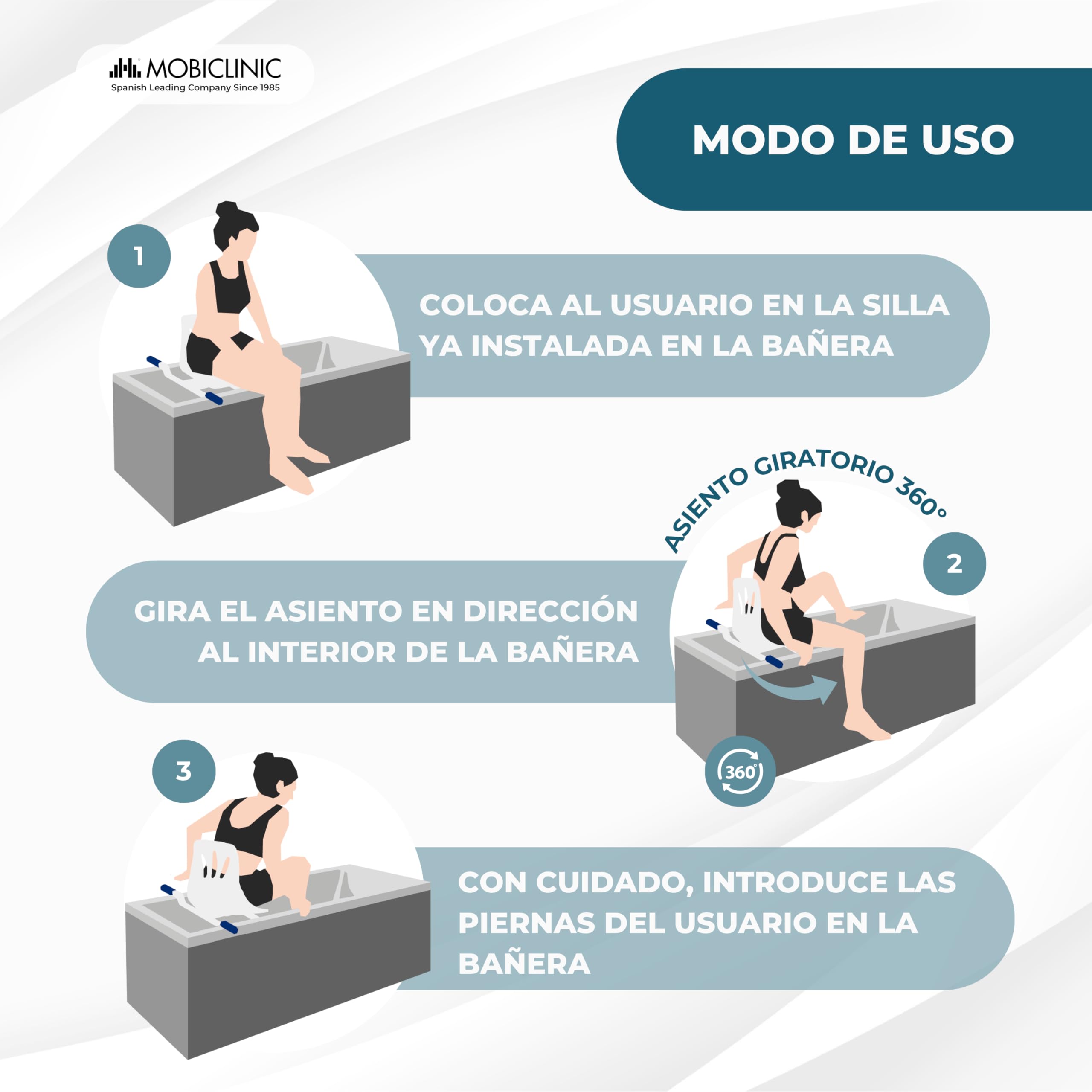 Mobiclinic®, Silla de Baño Giratoria 360º, Reposabrazos y Respaldo, Anatómica, Marca española, Resistente al Agua, para Personas Mayores, con discapacidad o Movilidad Reducida, Lago