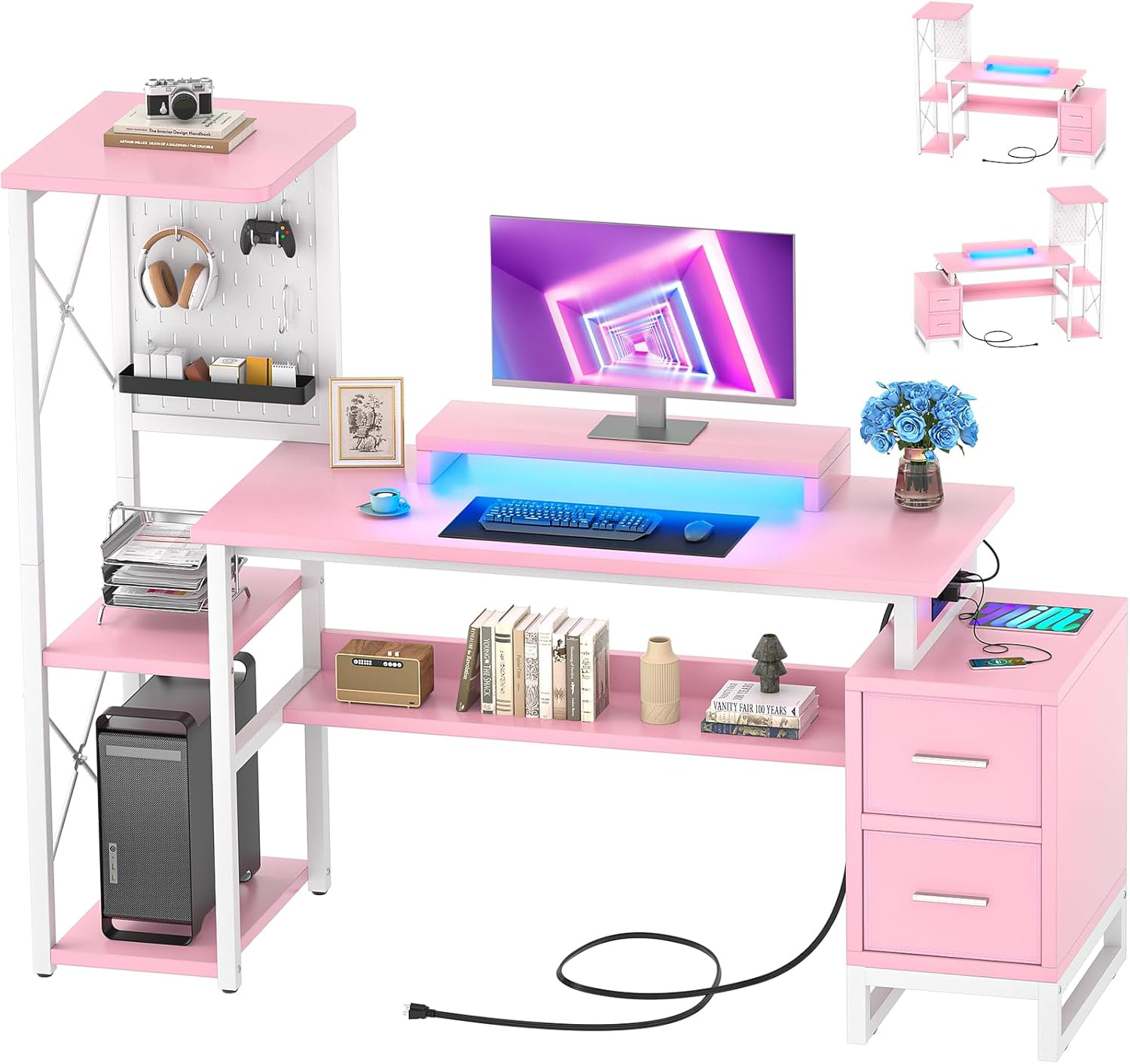 Computer Desk with 2 Fabric Drawers – Reversible Home Office Desk with Power Outlet & LED Lights, 53″ Writing Desk with Monitor Stand & Storage Shelves, Gaming Desk Study Table with Pegboard, Pink
