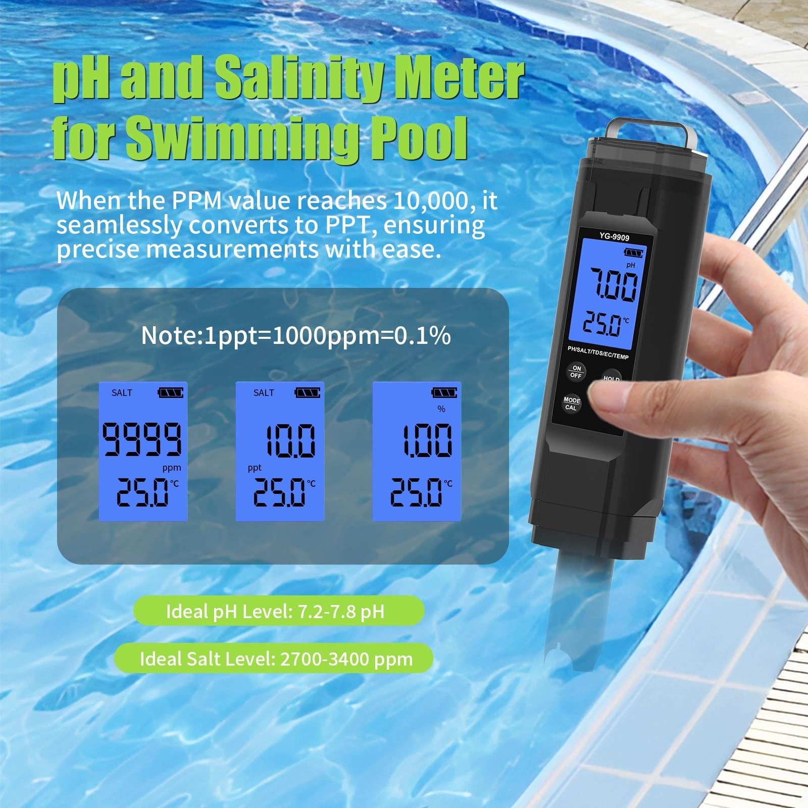 PH Mètre, Testeur 5 en 1 de salinité, pH, conductivité électrique (EC), TDS, température et ppm, haute précision (résolution de 0,01), for aquarium, hydroponie et piscine.