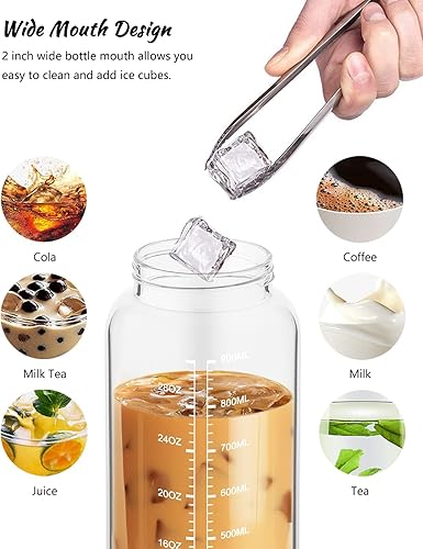 Miniatura 9 de Nefeeko Botellas de agua de vidrio de 32 onzas con pajilla, botella de agua de vidrio motivacional con marcador de tiempo, botella de agua de vidrio