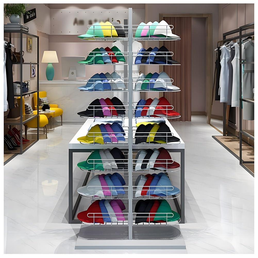 Expositor metálico independiente de 8 niveles para sombreros: organiza gorras de béisbol, bolsos, cascos y más. Solución versátil para tiendas y almacenamiento en el hogar. Blanco - 60 x 30 x 132