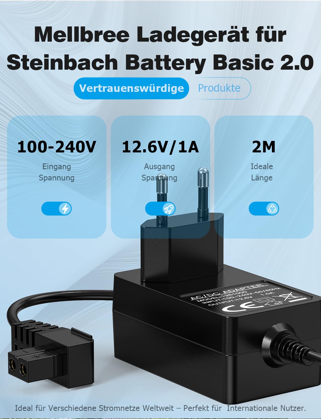 Mellbree Ładowarka 12,6 V do robota basenowego Steinbach Battery Basic 2.0, zapasowy przewód zasilający 2 m do automatycznego odkurzacza basenowego, bezpieczne i wydajne ładowanie
