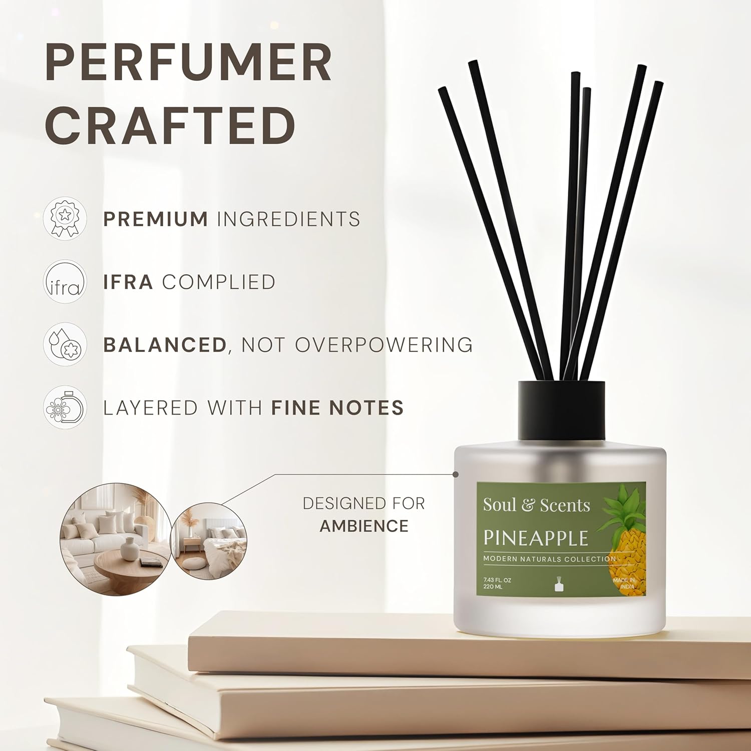 Soul & Scents Reed Diffuser Set – Pineapple | 7.43 oz Refillable Scented Oil with 6 Fiber Sticks | Long-Lasting Home Fragrance & Air Freshener for Bedroom, Bathroom, Office | Gift & Décor Piece - Image 5